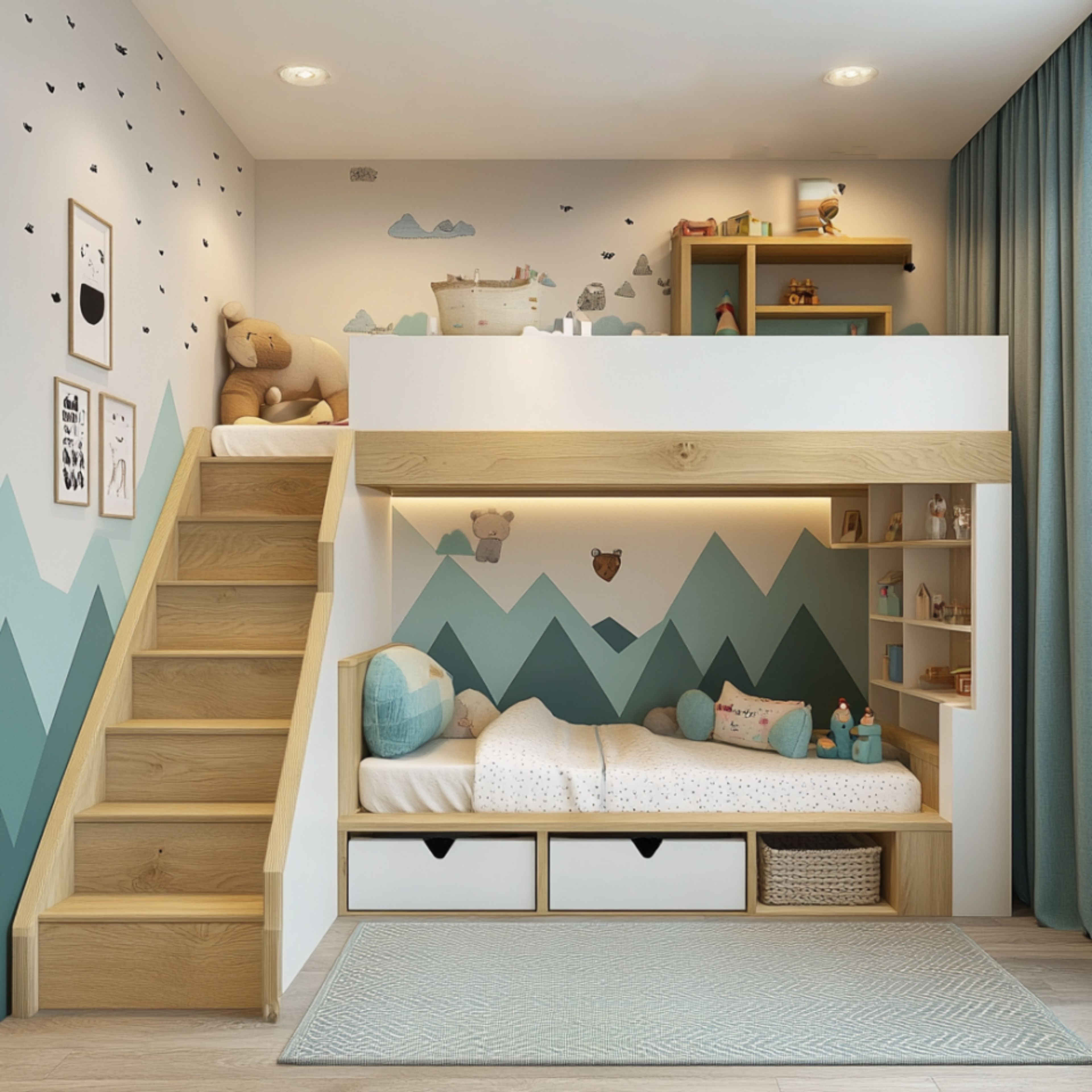 Kids Bedroom Design With Bunk Beds and Mountain Mural