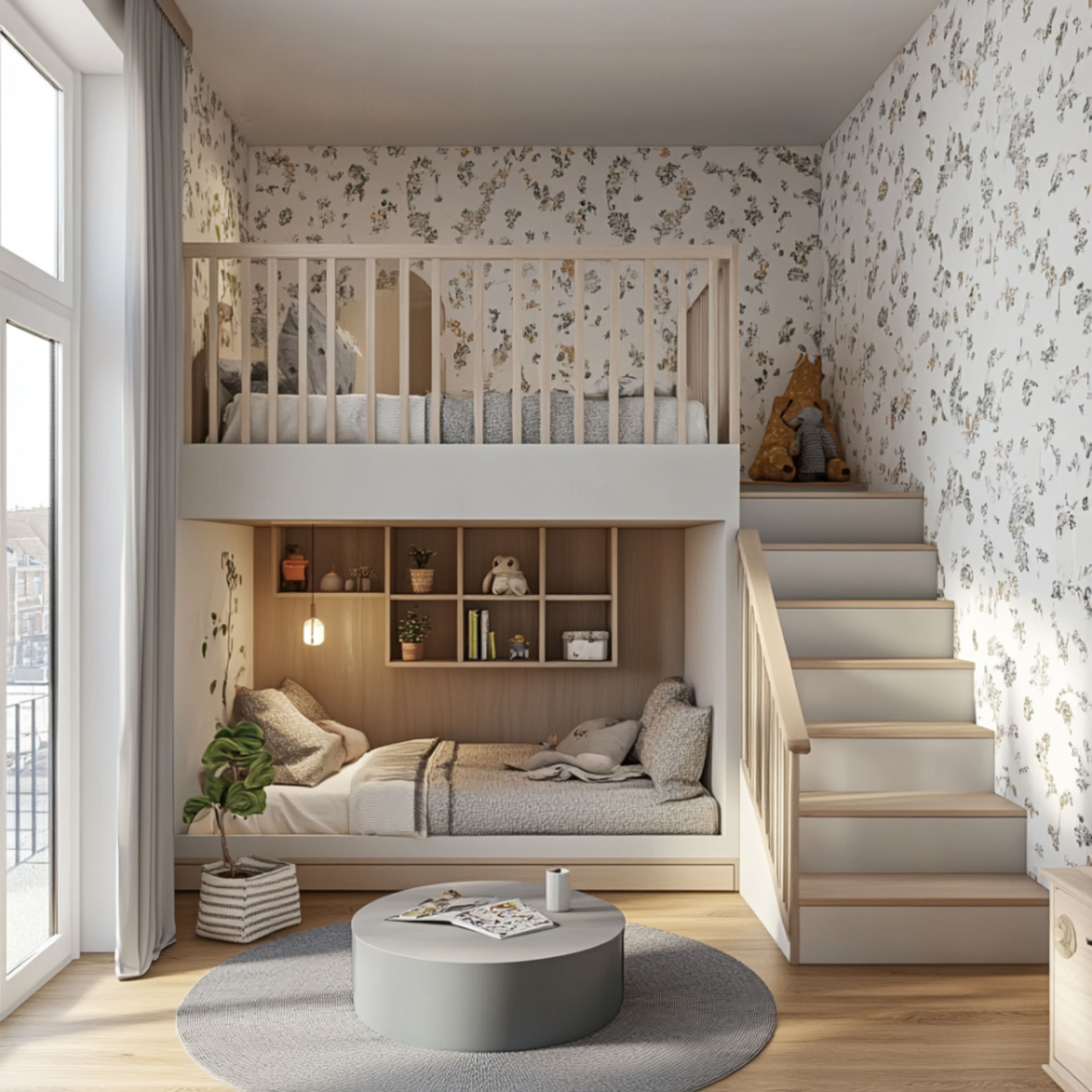 Kids Bedroom Design With Bunk Beds and Soft Florals