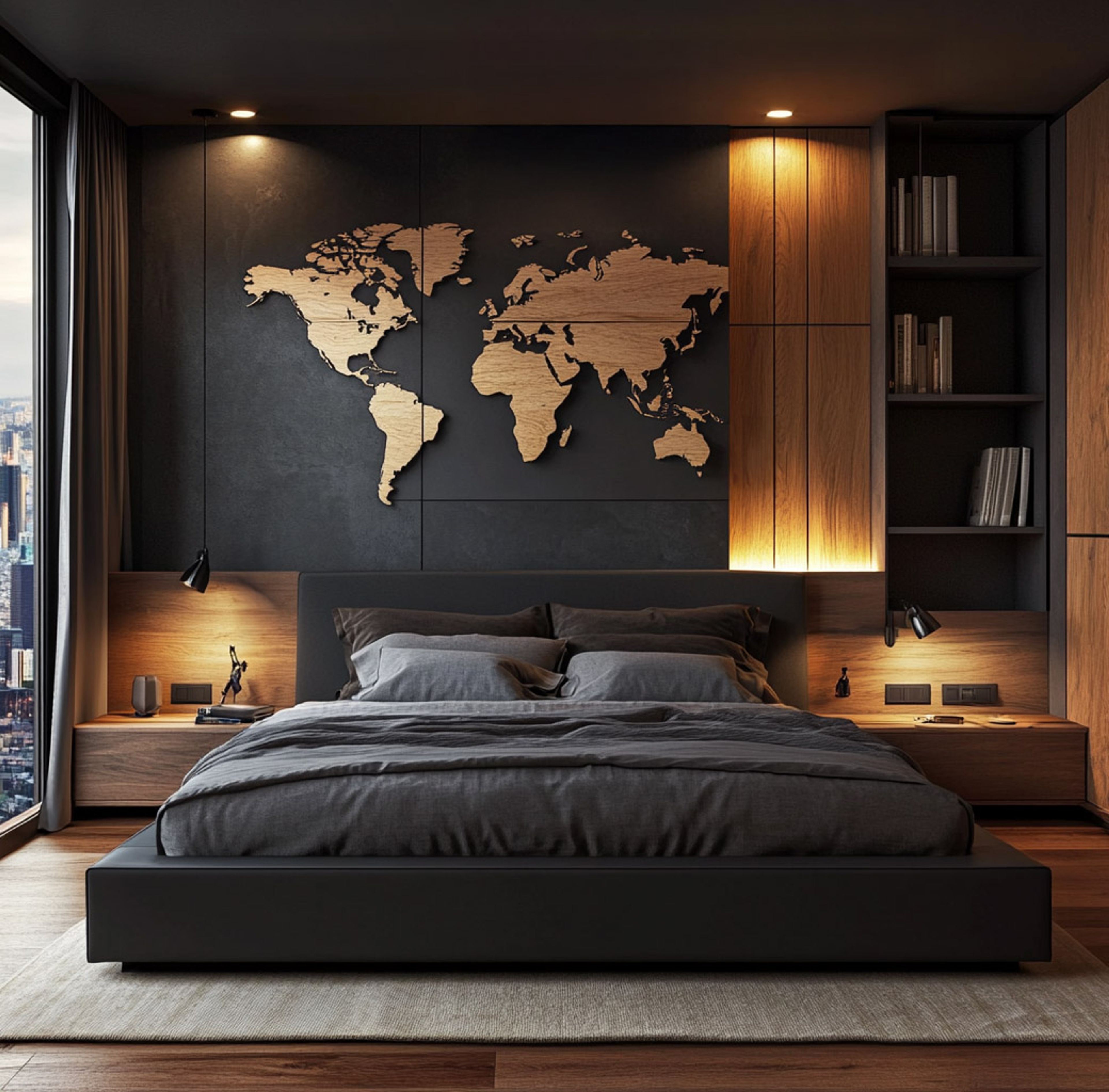 Modern Kids Bedroom Design with Wooden World Map and Bold Design