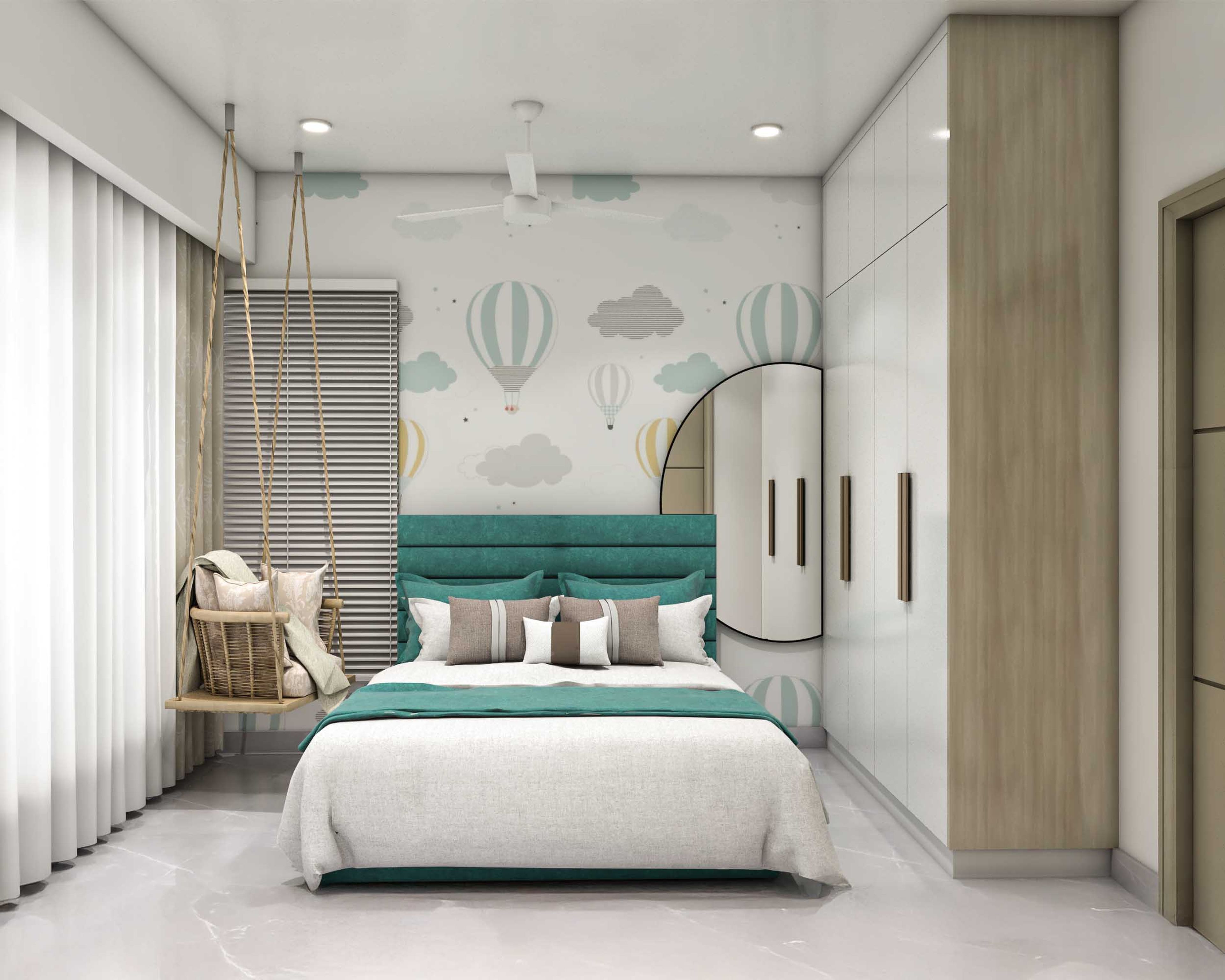 Kids Bedroom Design With Teal Headboard and Cloud Wallpaper