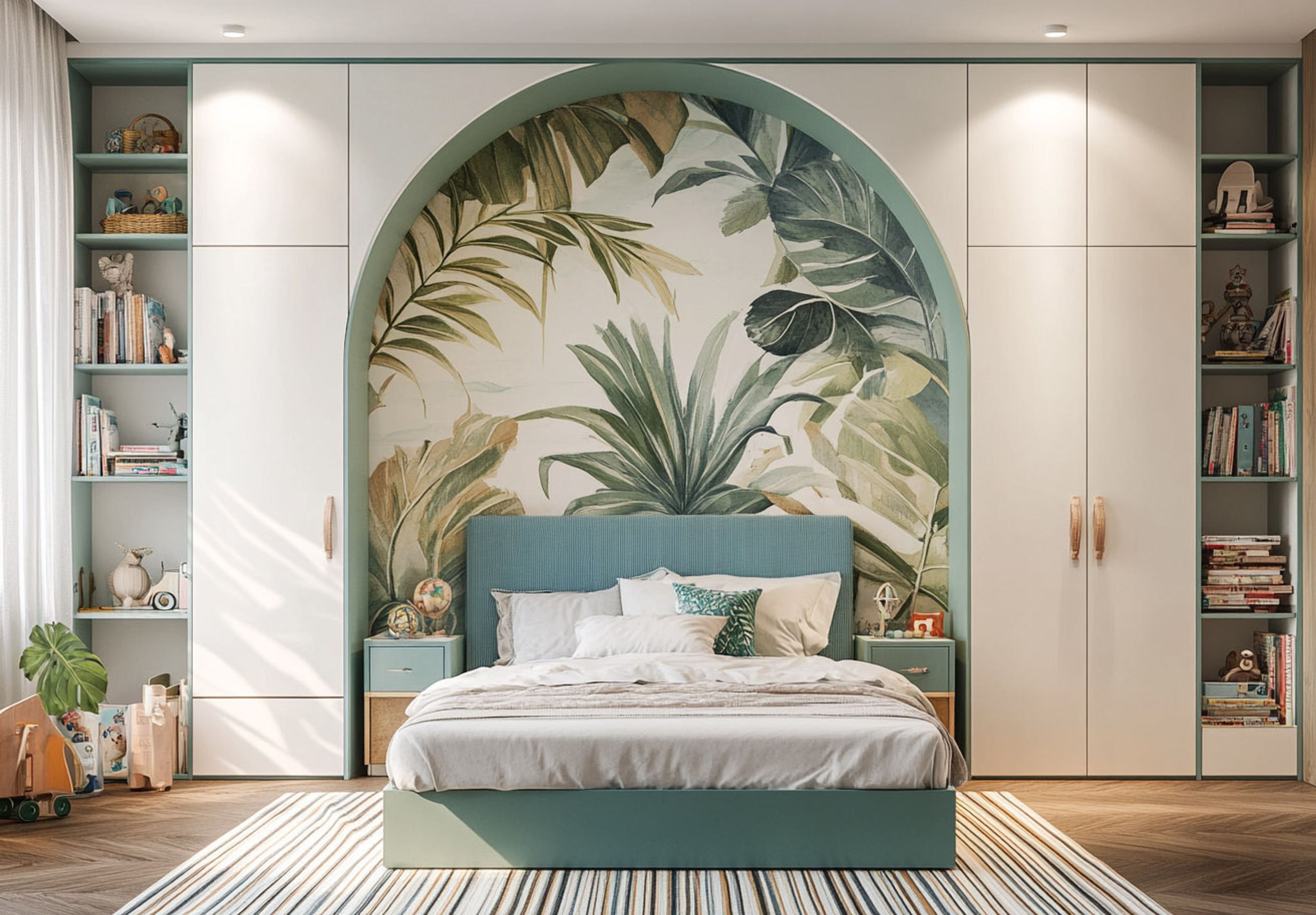 Kids Bedroom Design With Built-in Wardrobes and Arch Bed