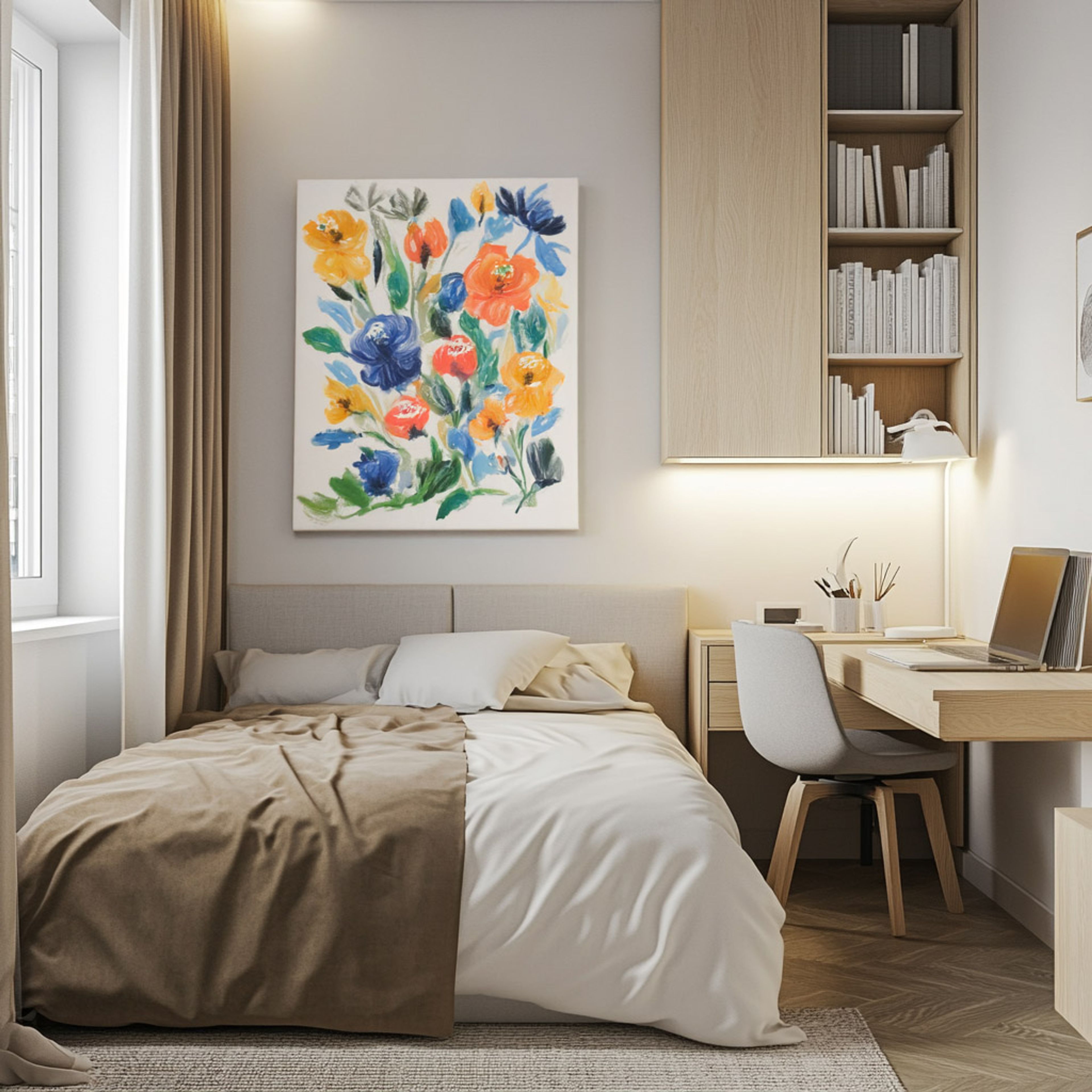 Beige and White Kids Bedroom Design With Art-Focused Wall Design