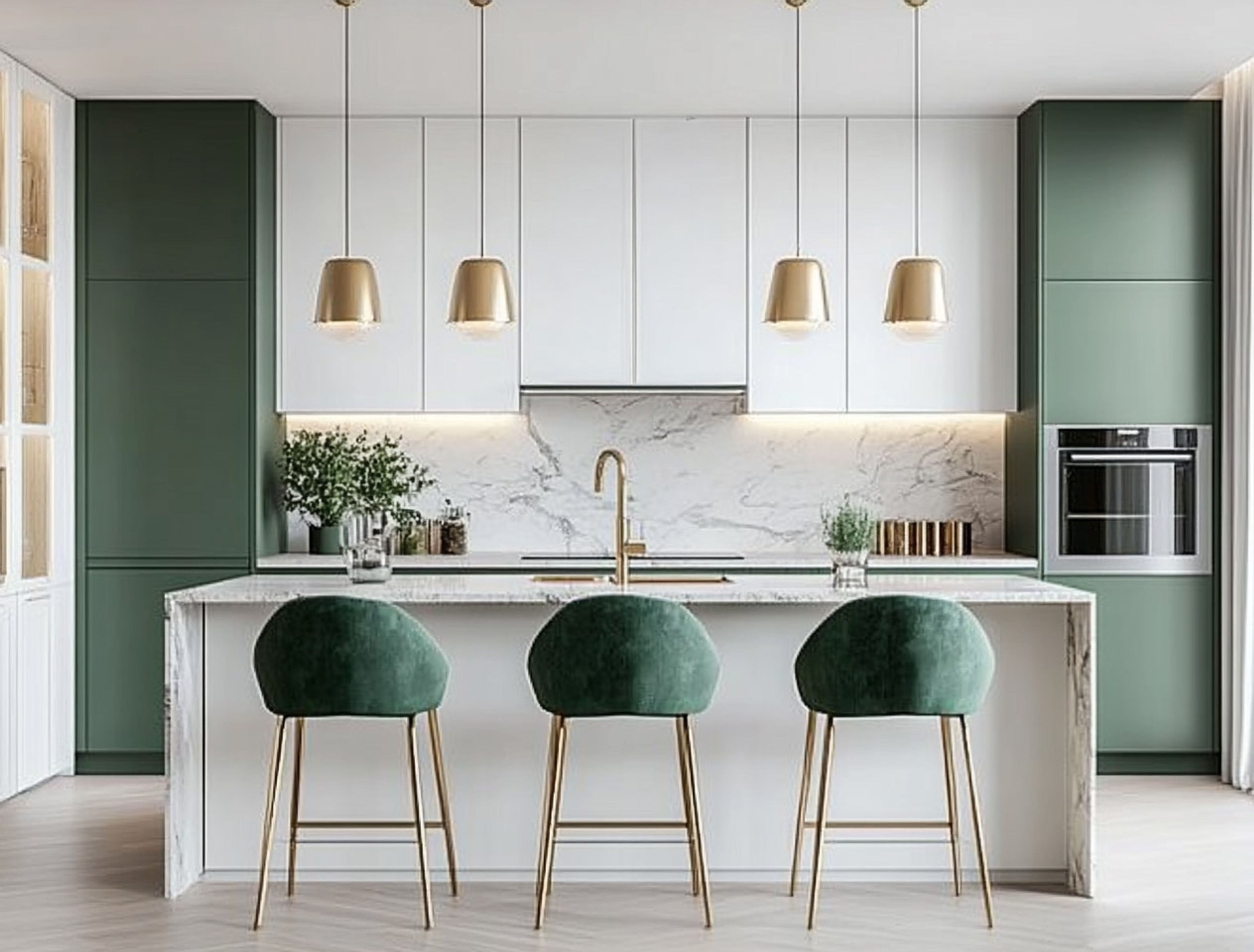 Island Kitchen Design with Green Cabinets and Gold Accents