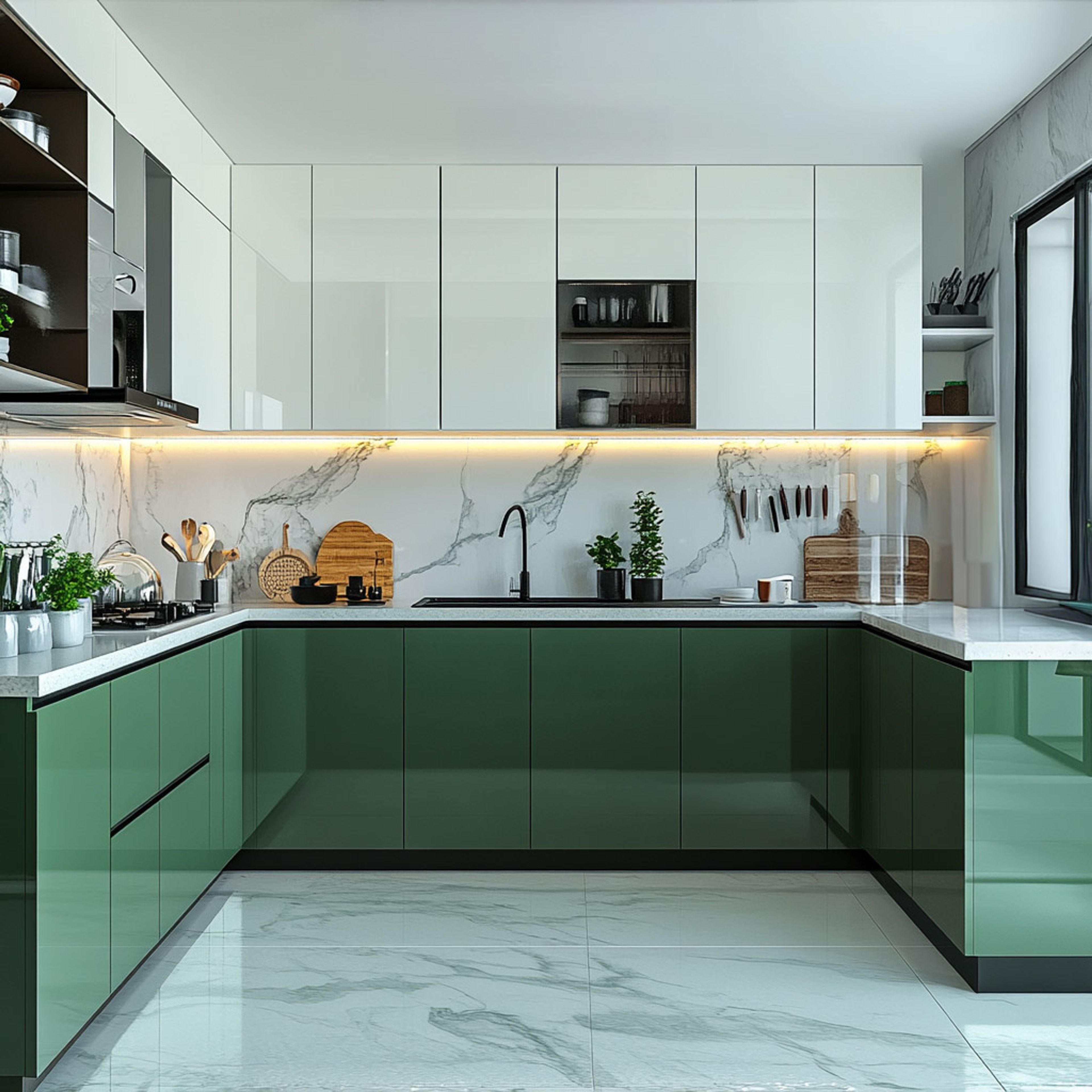Modern U-Shaped Kitchen Design in Green and White High-Gloss Finish