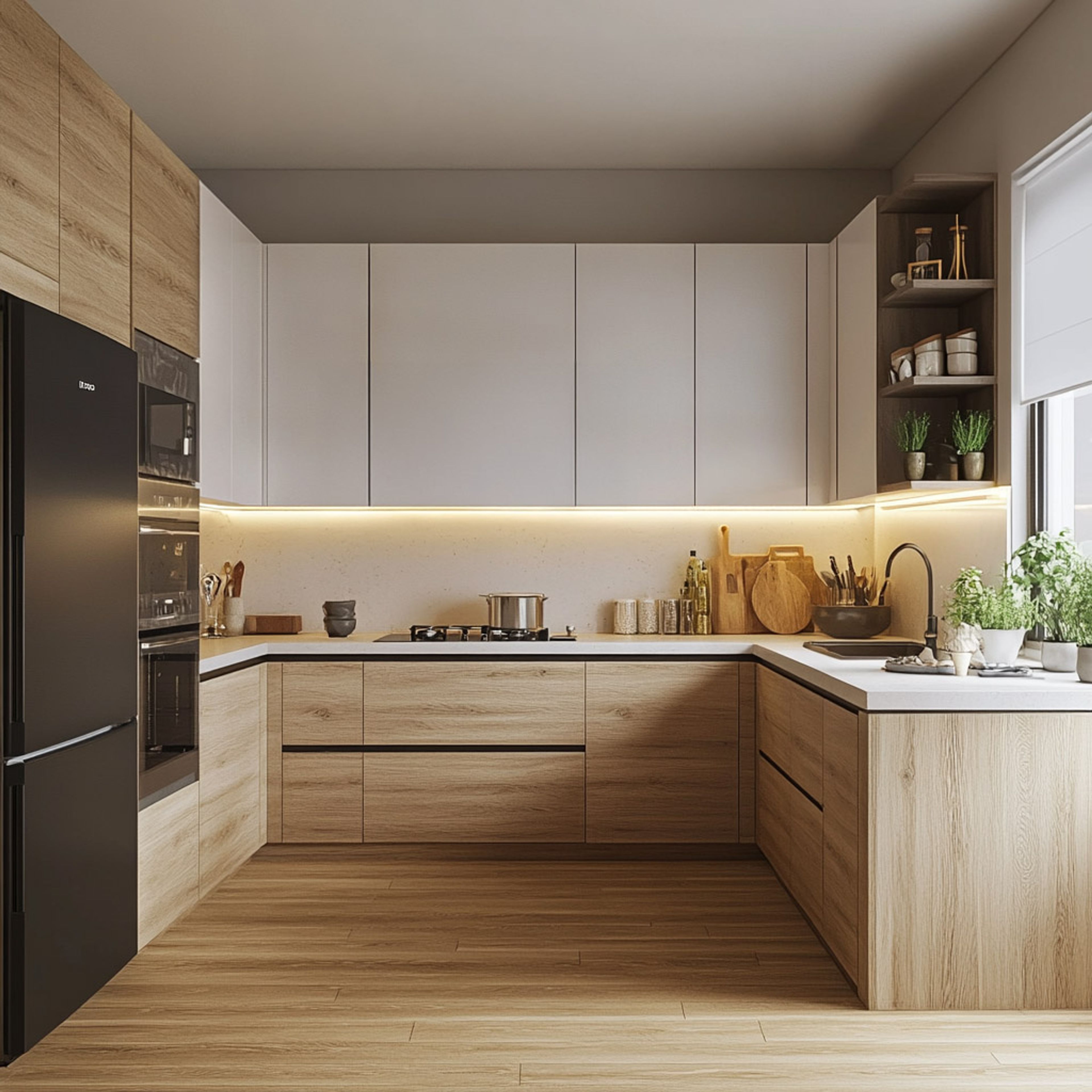 Warm Contemporary U-Shaped Kitchen Design in Walnut and White