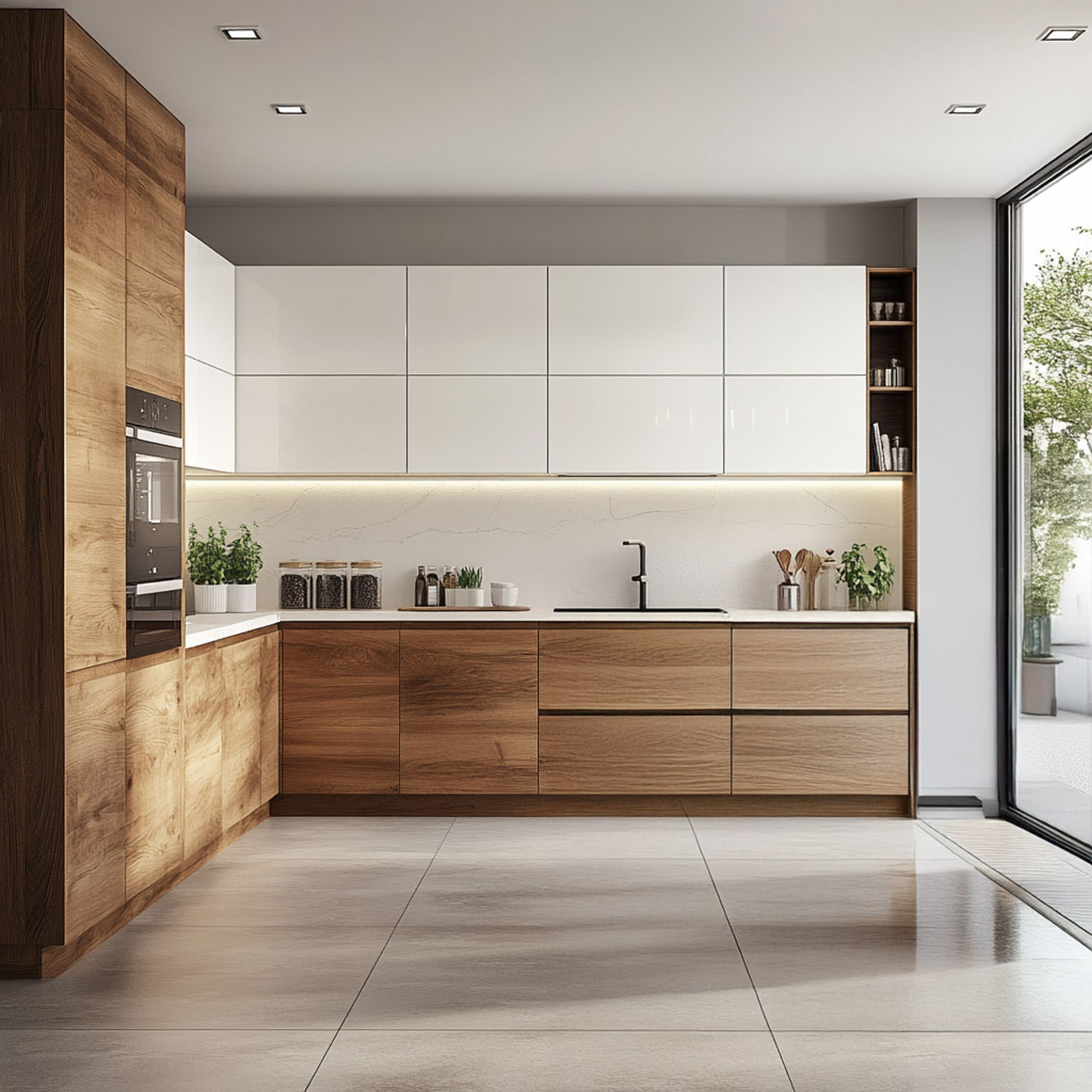 Contemporary L-Shaped Kitchen Design in Warm Wood and White