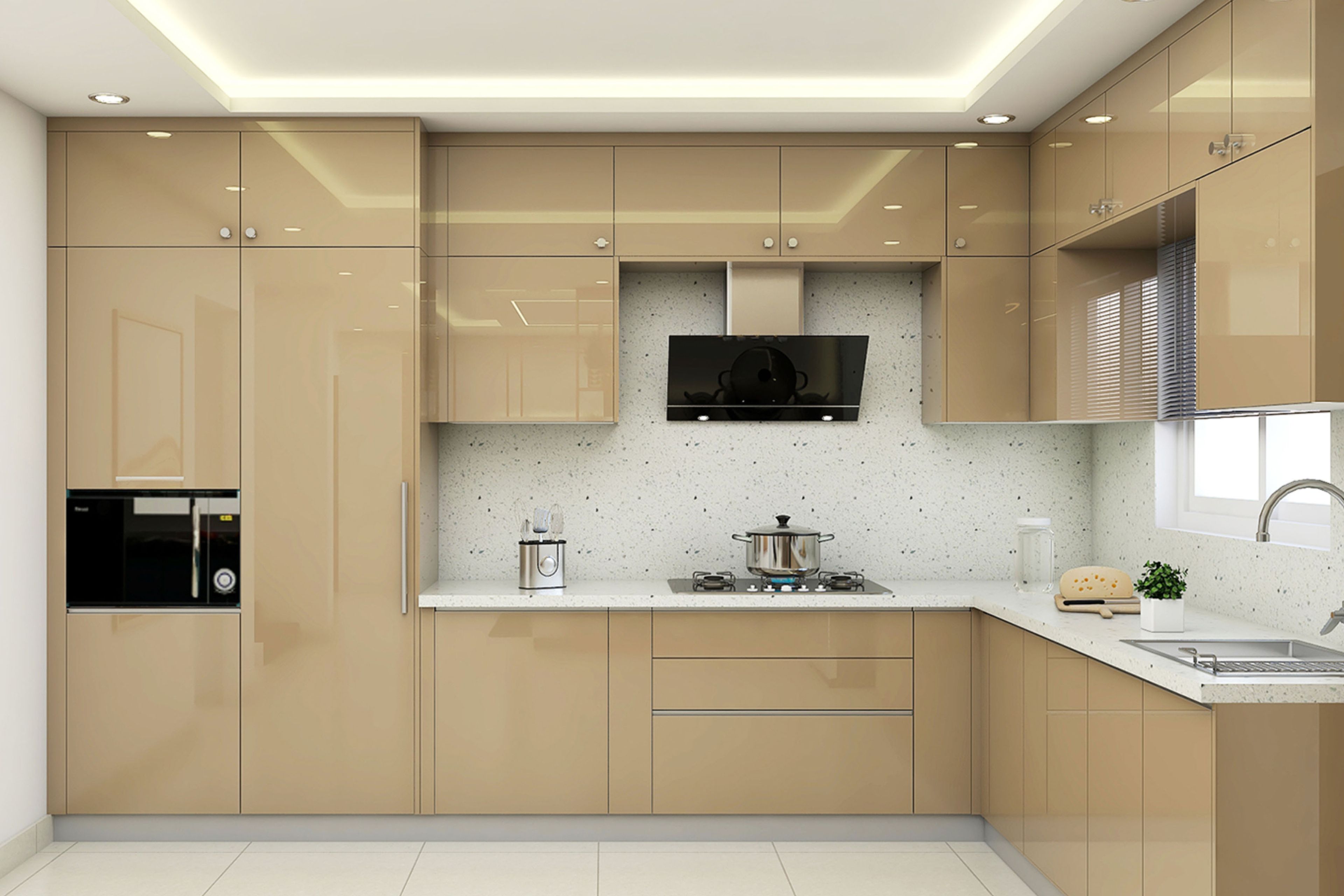 Modern Modern Irish Cream L-Shaped Kitchen Design with Quartz Counter