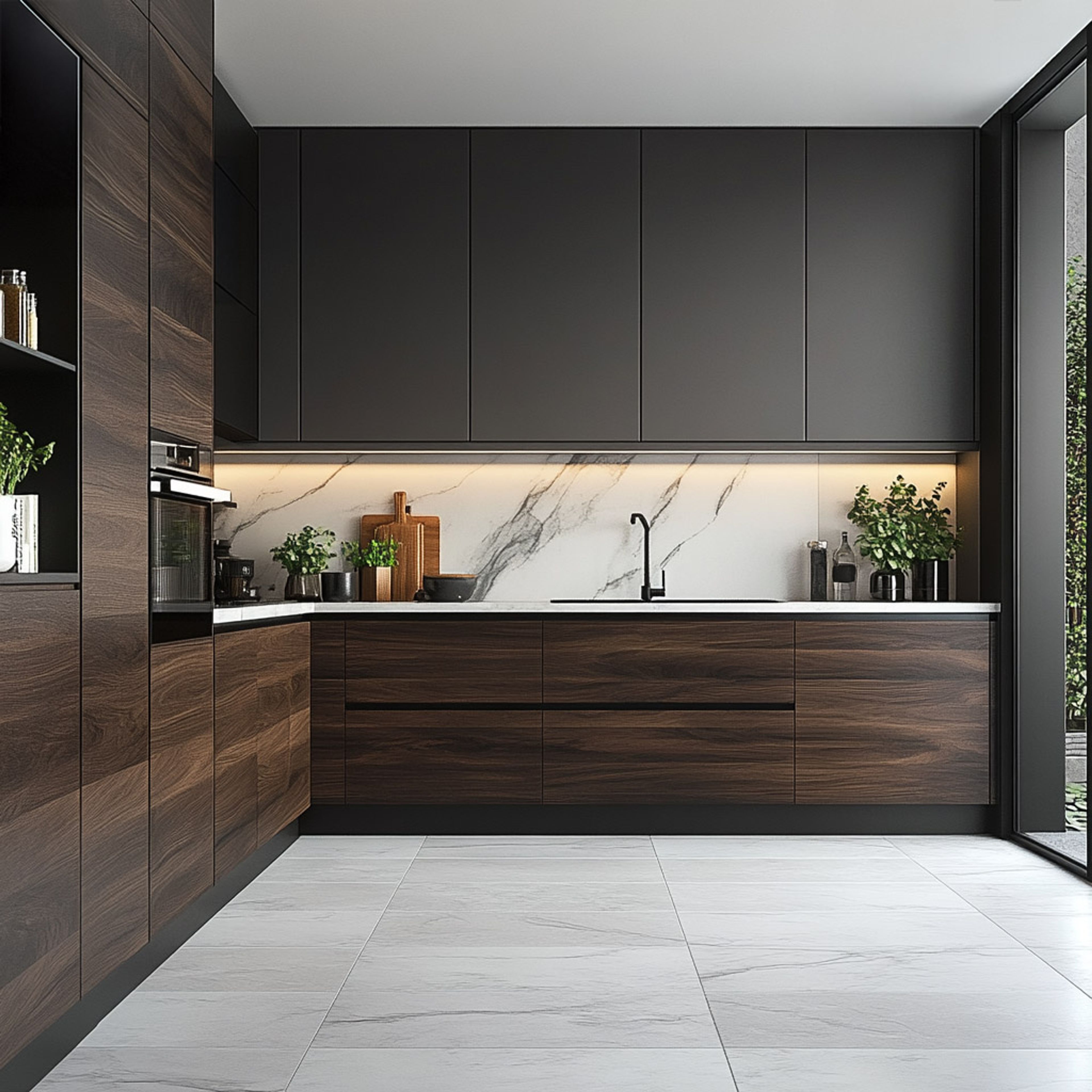 Modern L-Shaped Kitchen Design in Dark Wood and Slate Finish