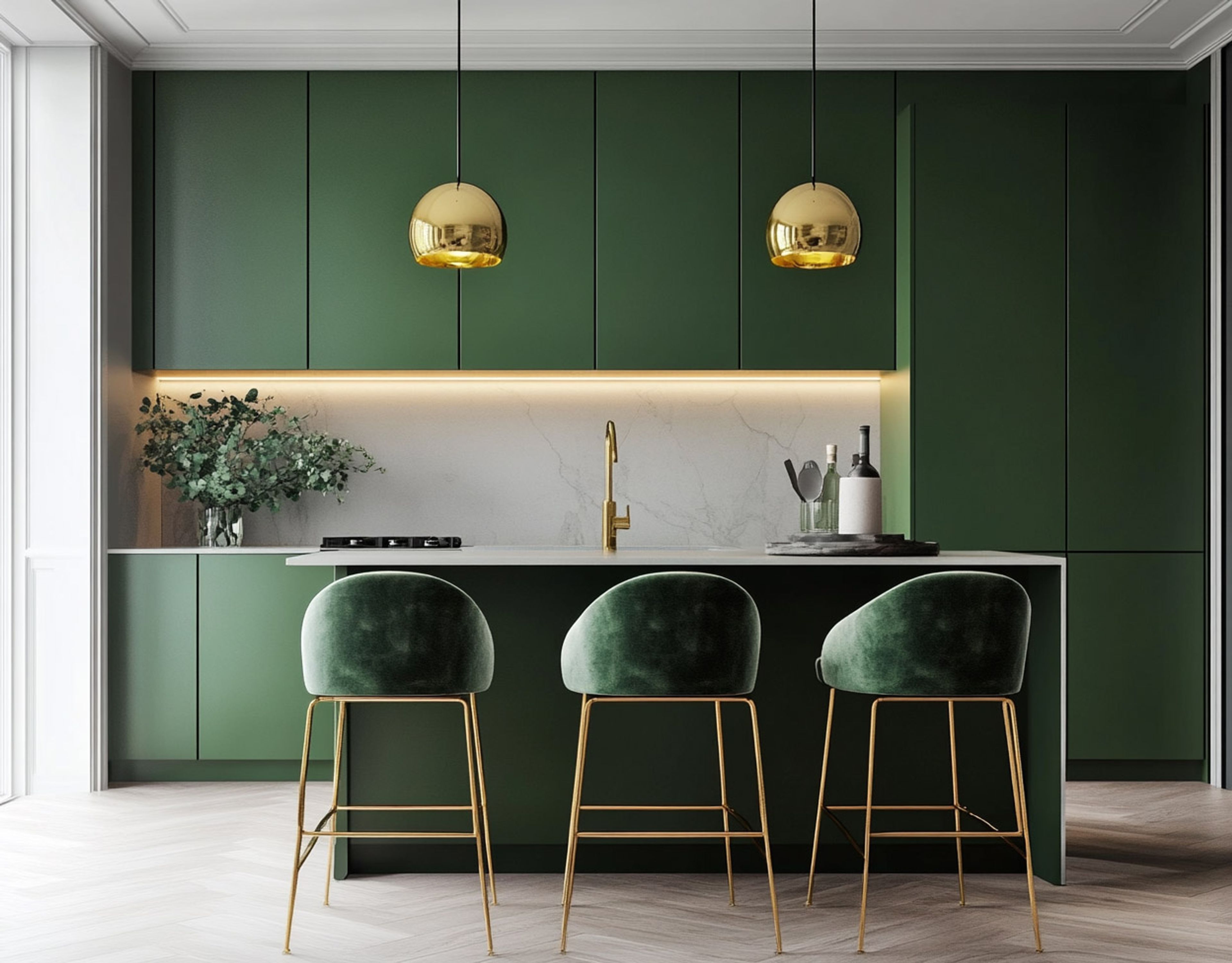 Modern Caribe Green Island Kitchen Design with Gold Touches