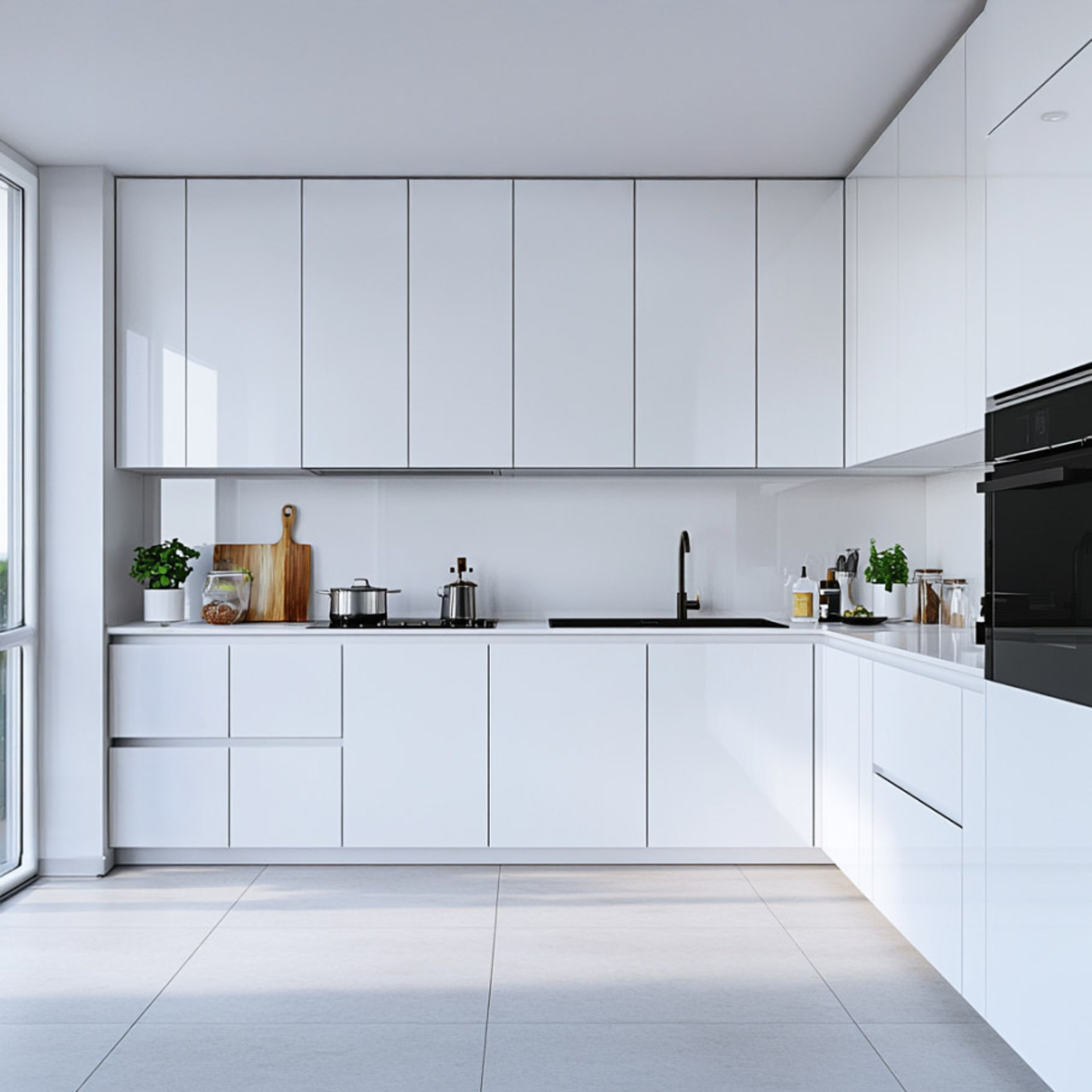 Margherita White L-Shaped Kitchen Design with Glossy Finish