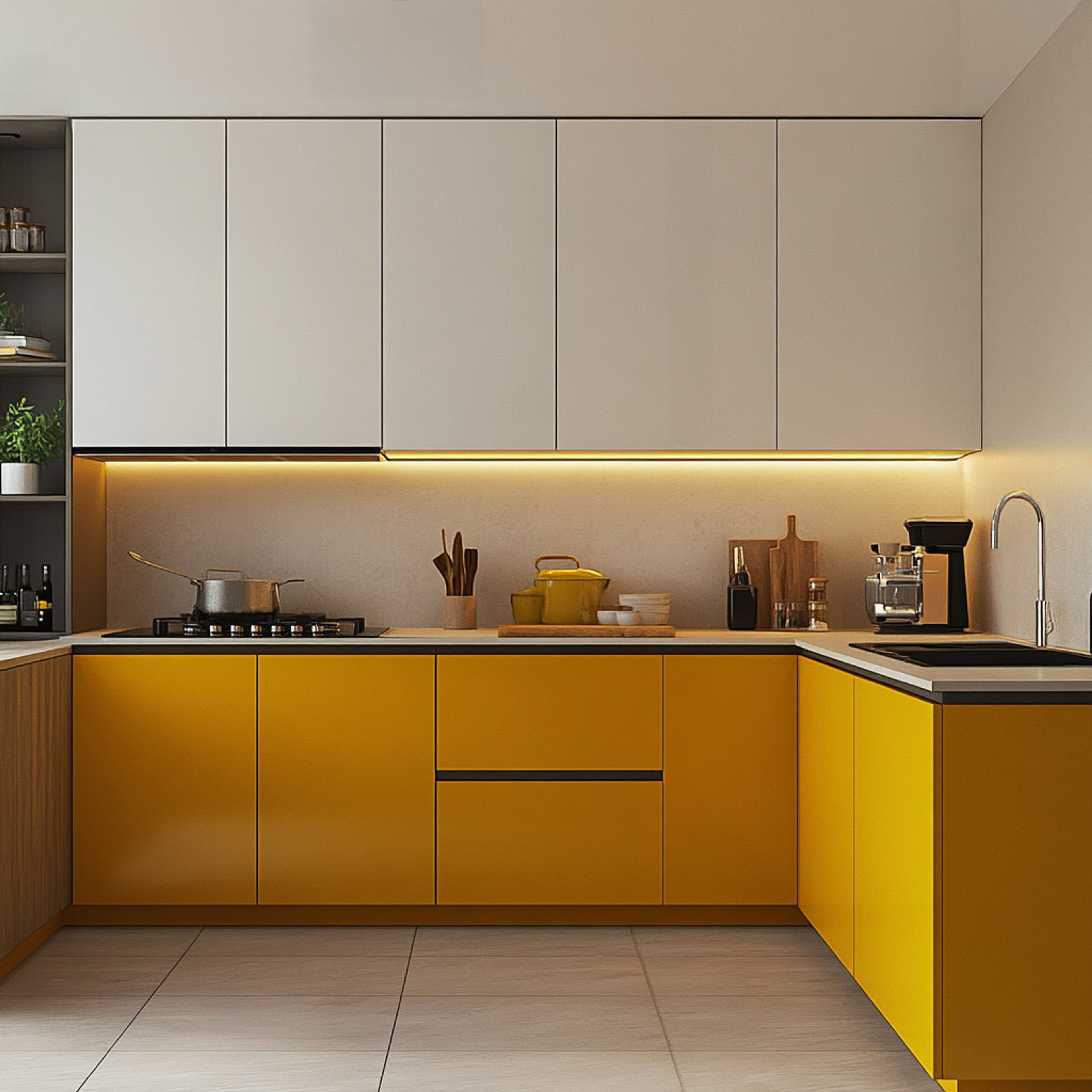 Marigold U-Shaped Modern Kitchen Design with White Contrast and Warm Lighting