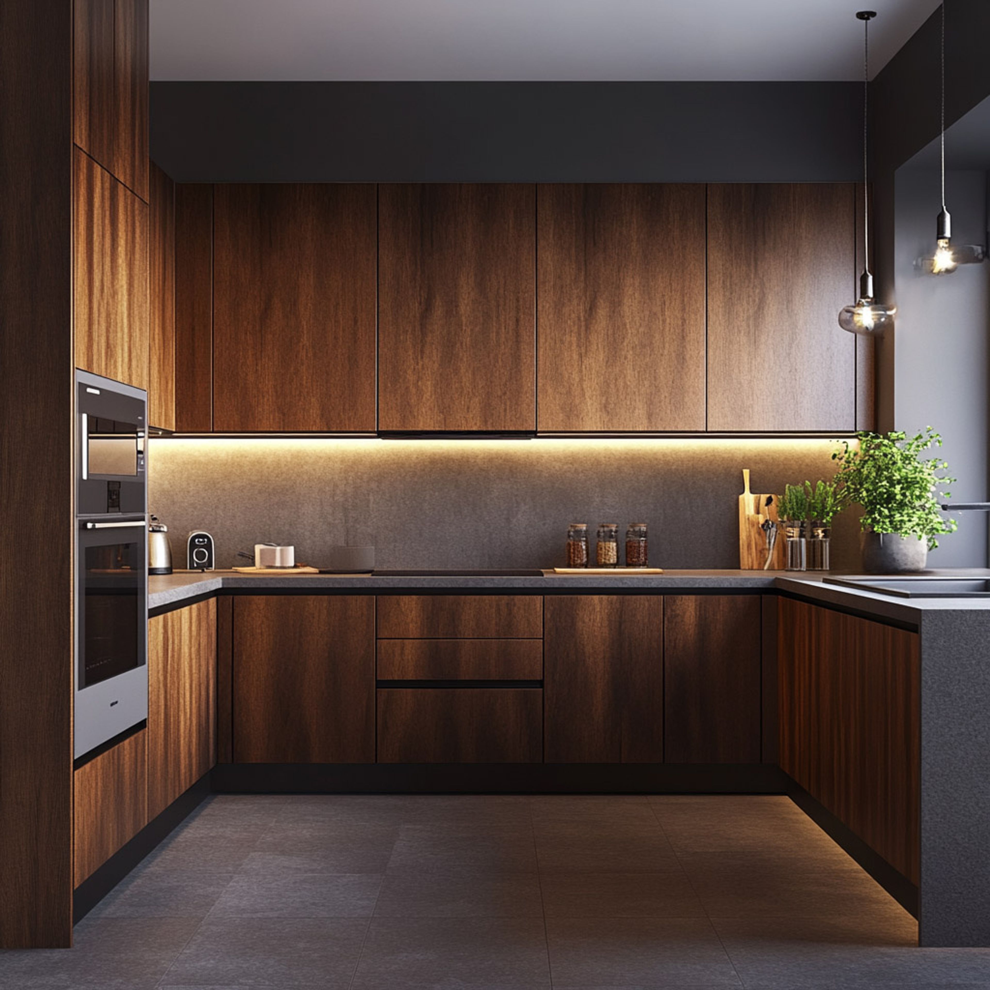 U-Shaped Modern Kitchen Design in Rich Walnut Bronze Finish