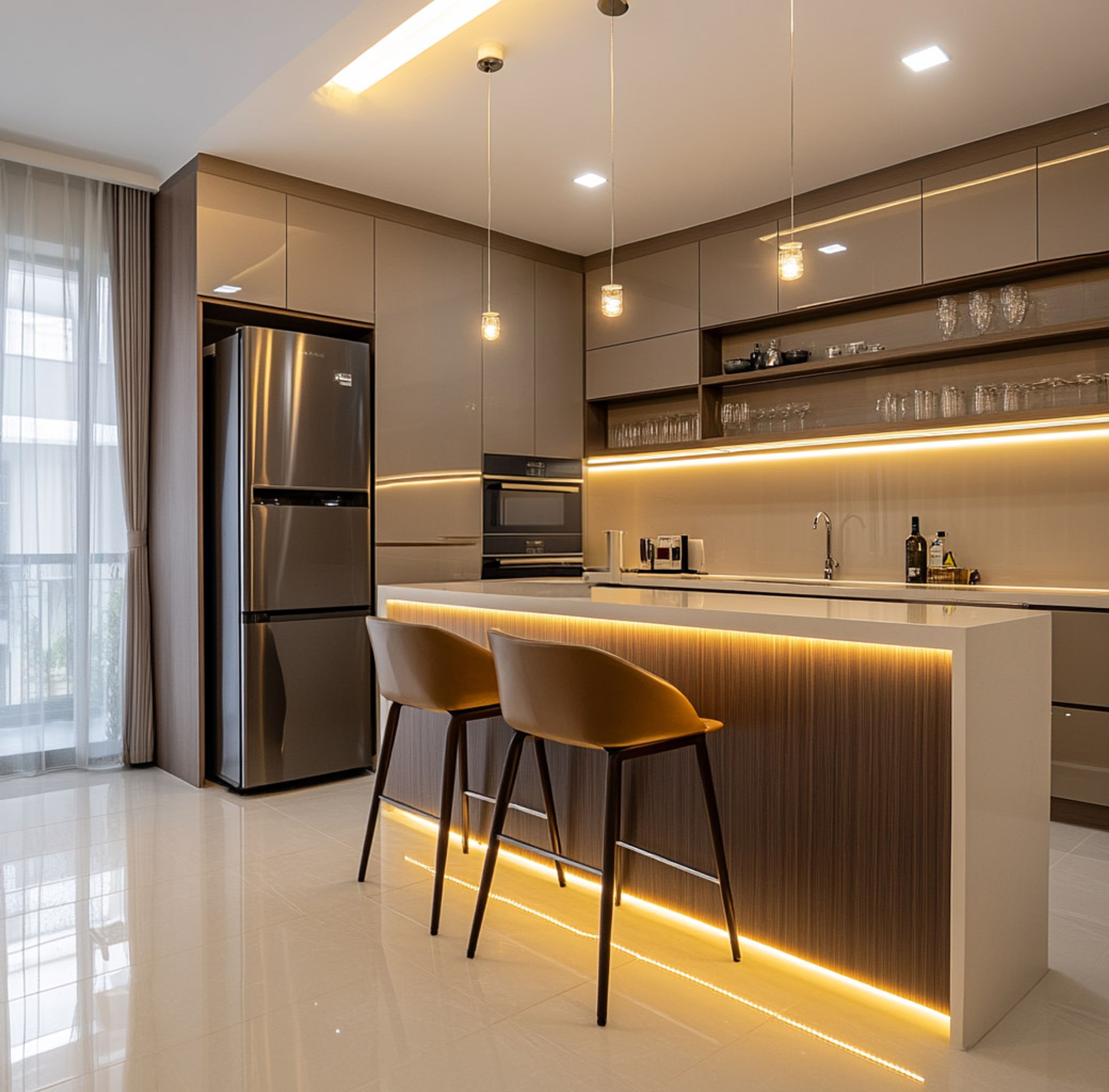 Contemporary Island Kitchen Design With Grey Cabinets and Marble Top