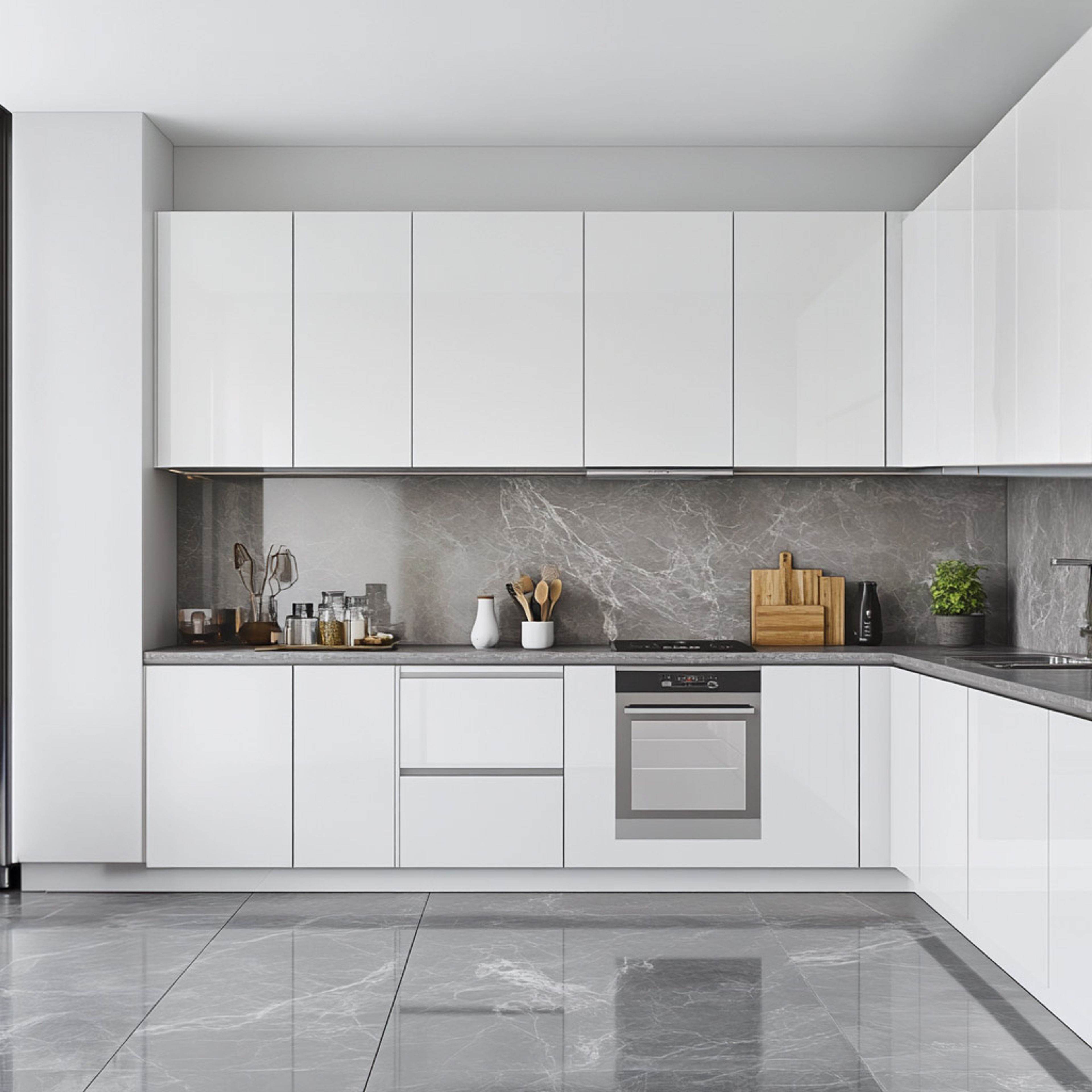 Glossy White L-Shaped Kitchen Design With Marble Top