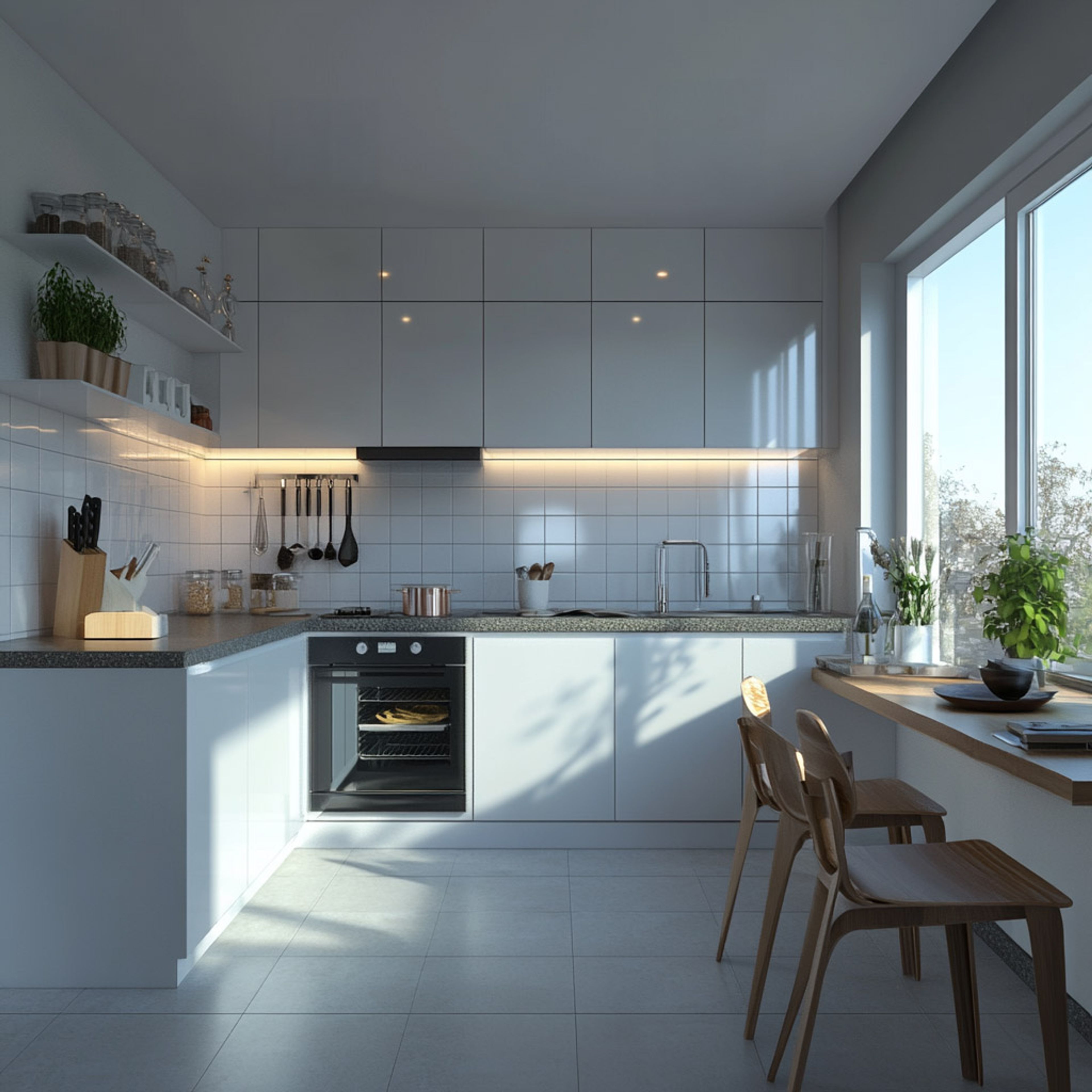 Contemporary L-Shaped Kitchen Design in White with Modern Glossy Finishes