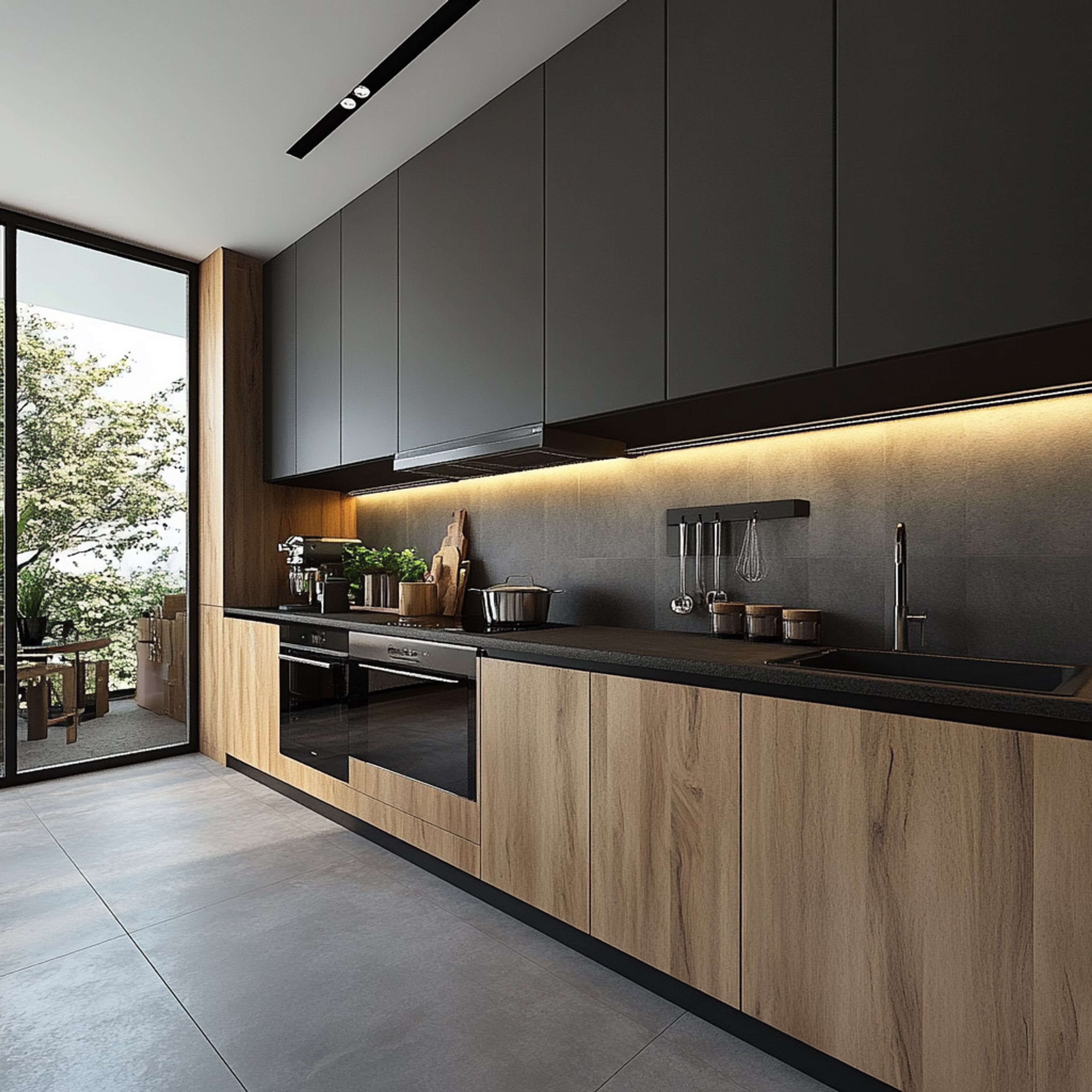Contemporary Open Kitchen Design with Outdoor Views and Warm Wood Tones