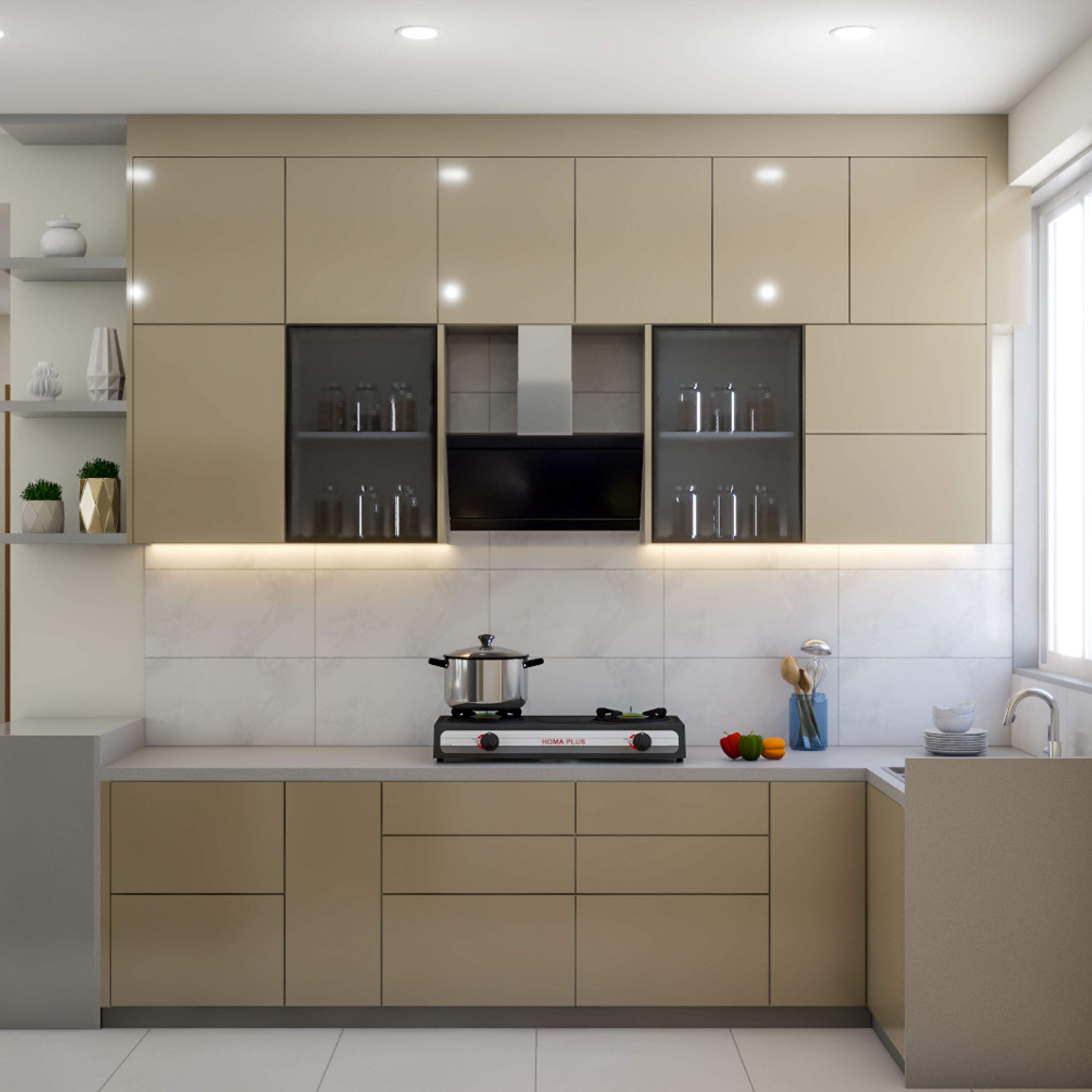 Cream L-Shape Contemporary Kitchen Design with Quartz Countertops