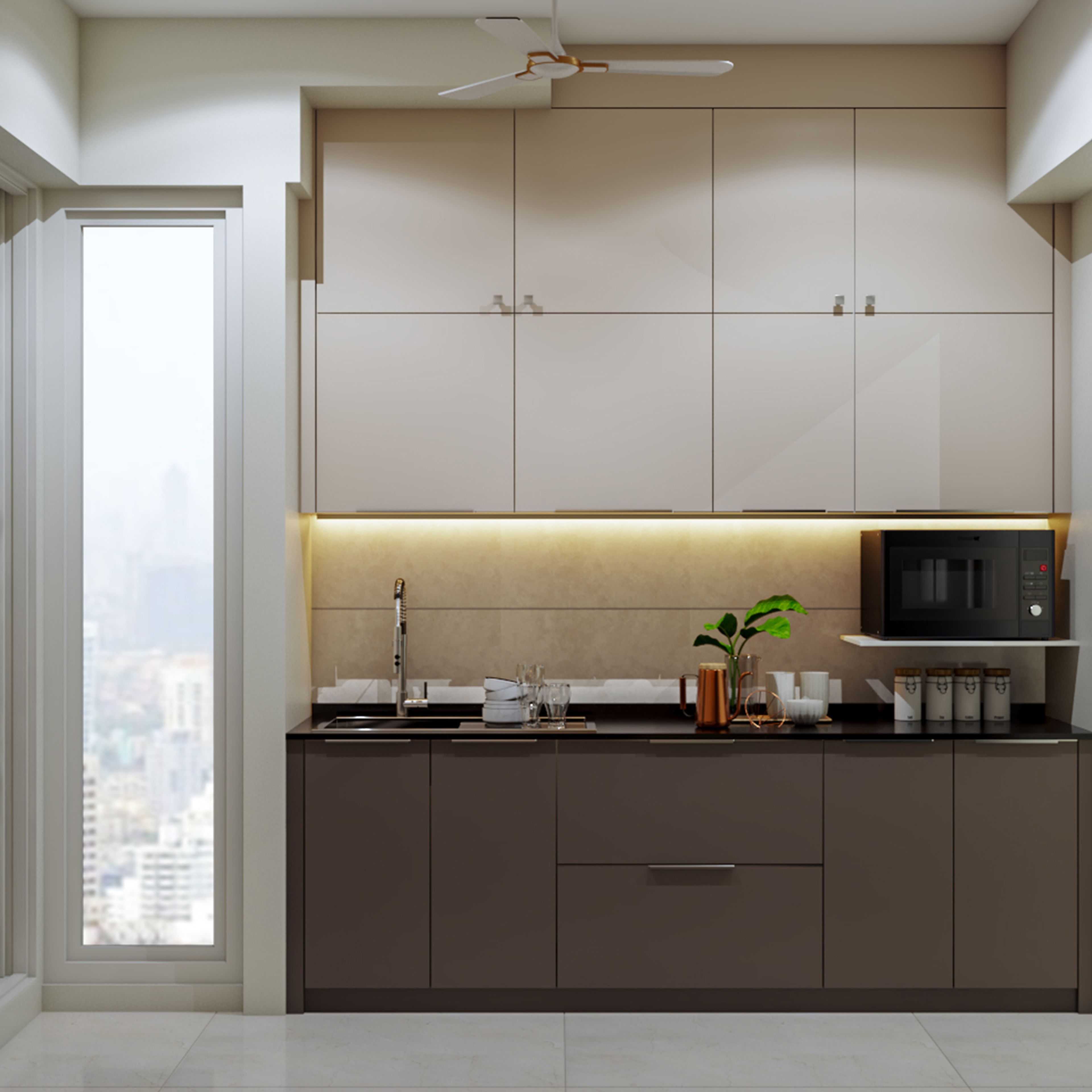 Parallel Kitchen Design With Granite Countertop and Open Shelf