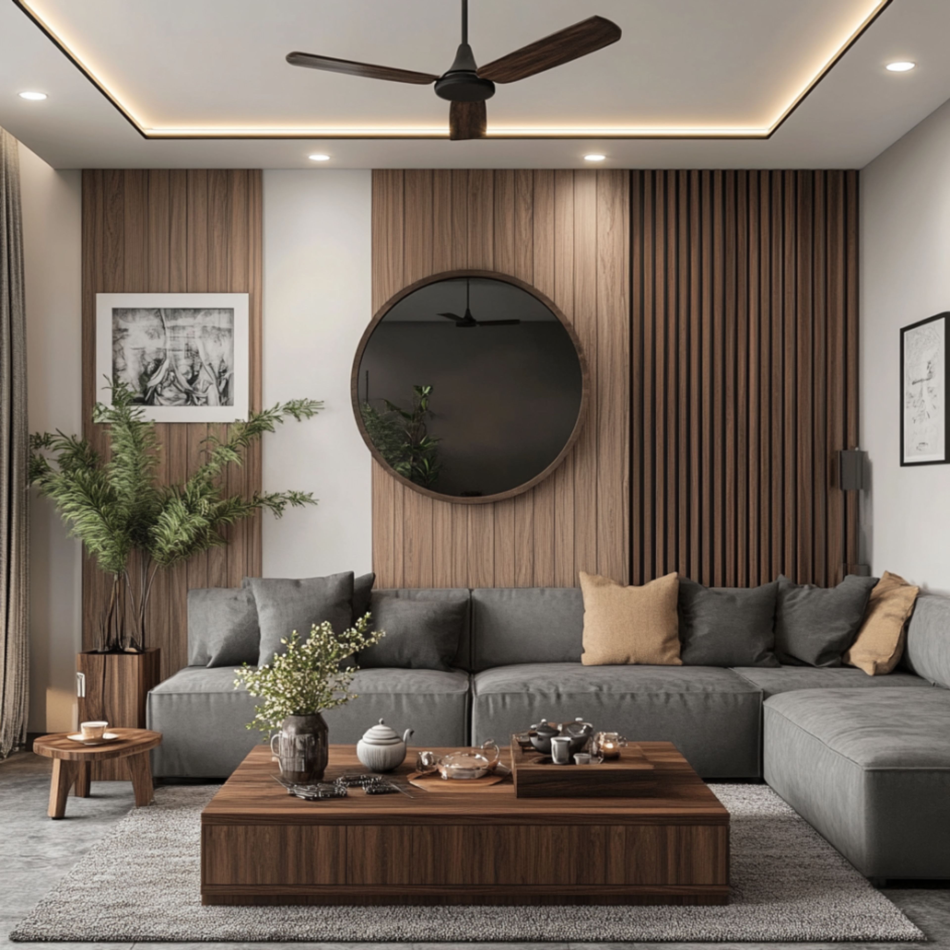 Modern Living Room Design With Charcoal L-Shaped Sofa