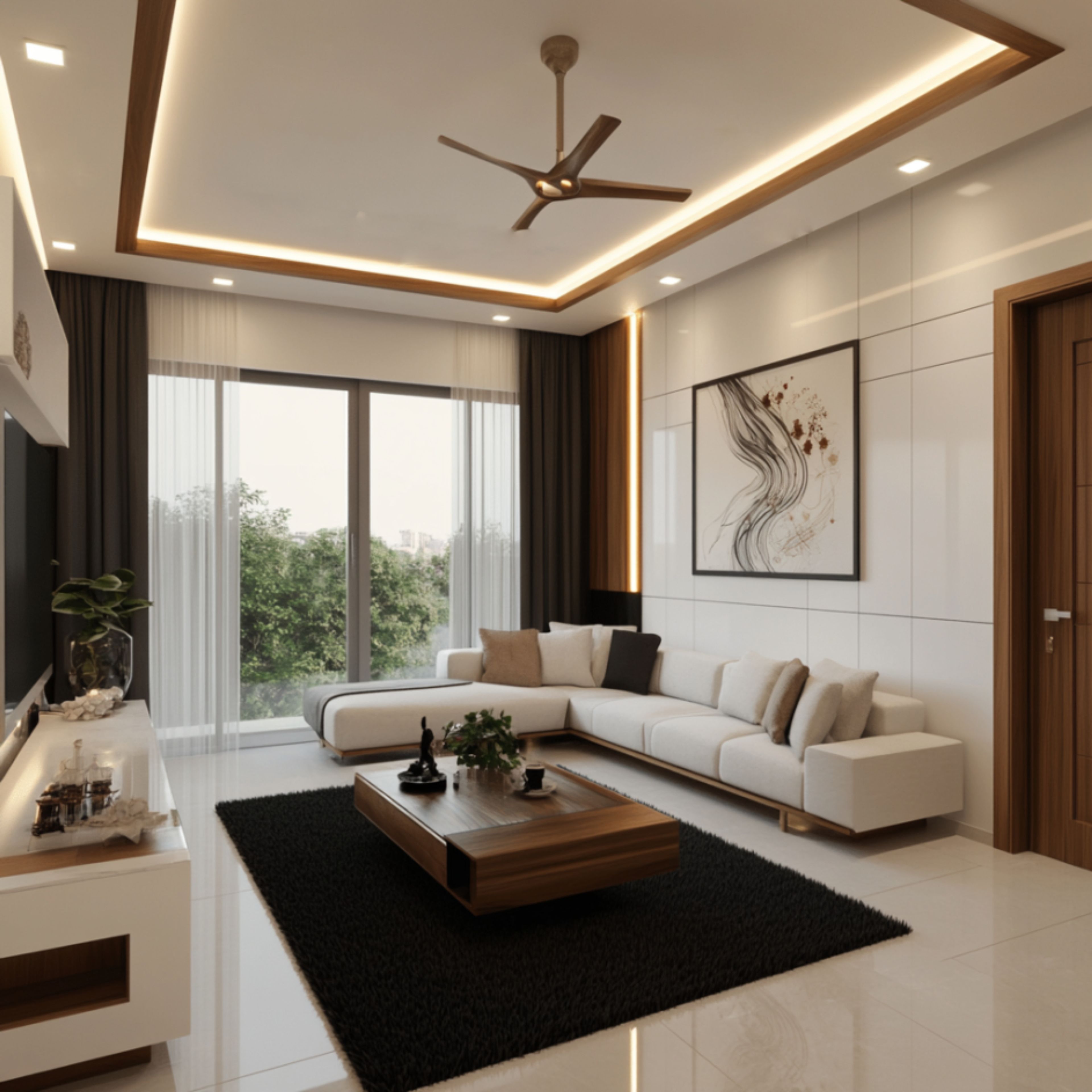 Contemporary Living Room Design with L-Shaped Beige Sofa