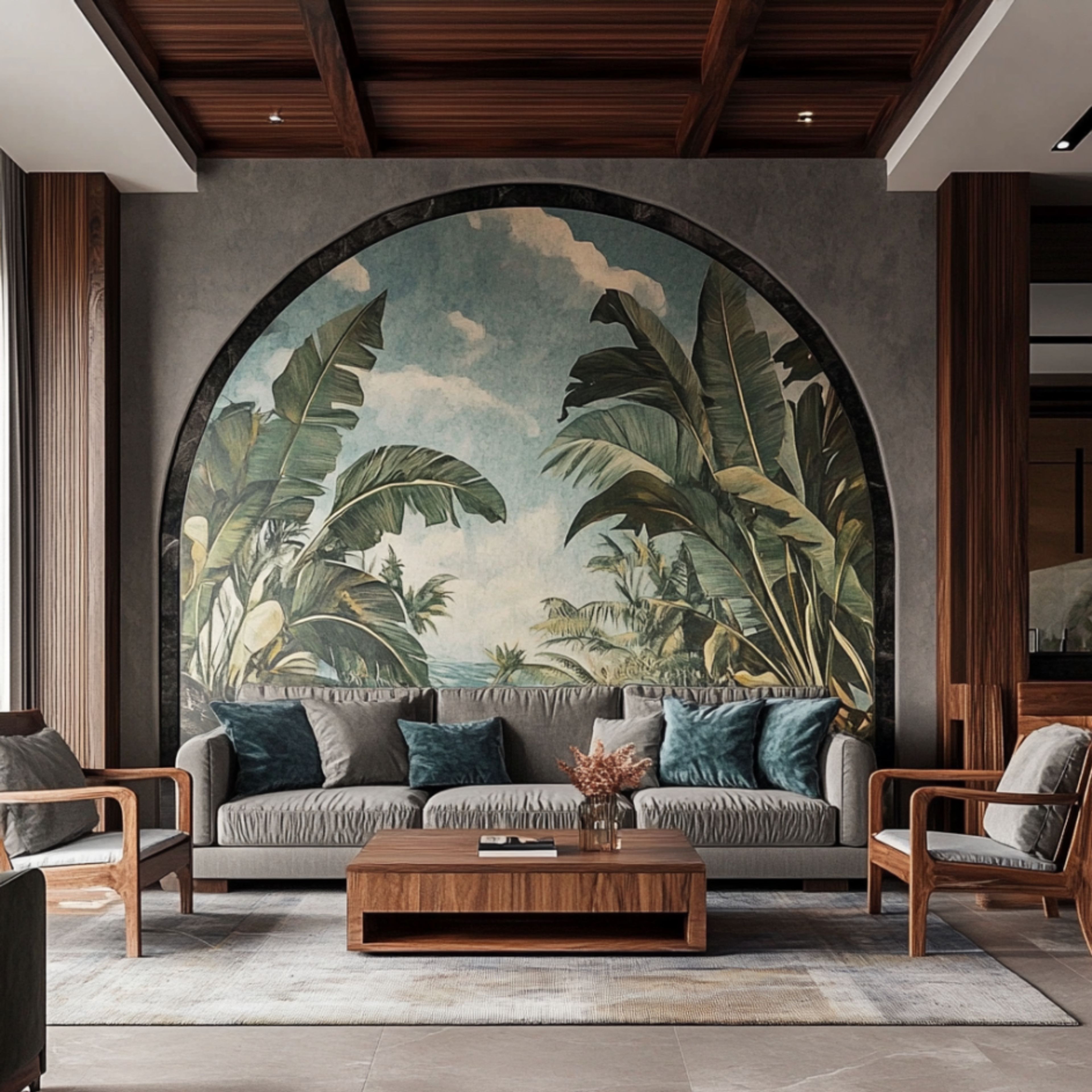 Tropical Living Room Design With 3 Grey Sofas and Armchairs