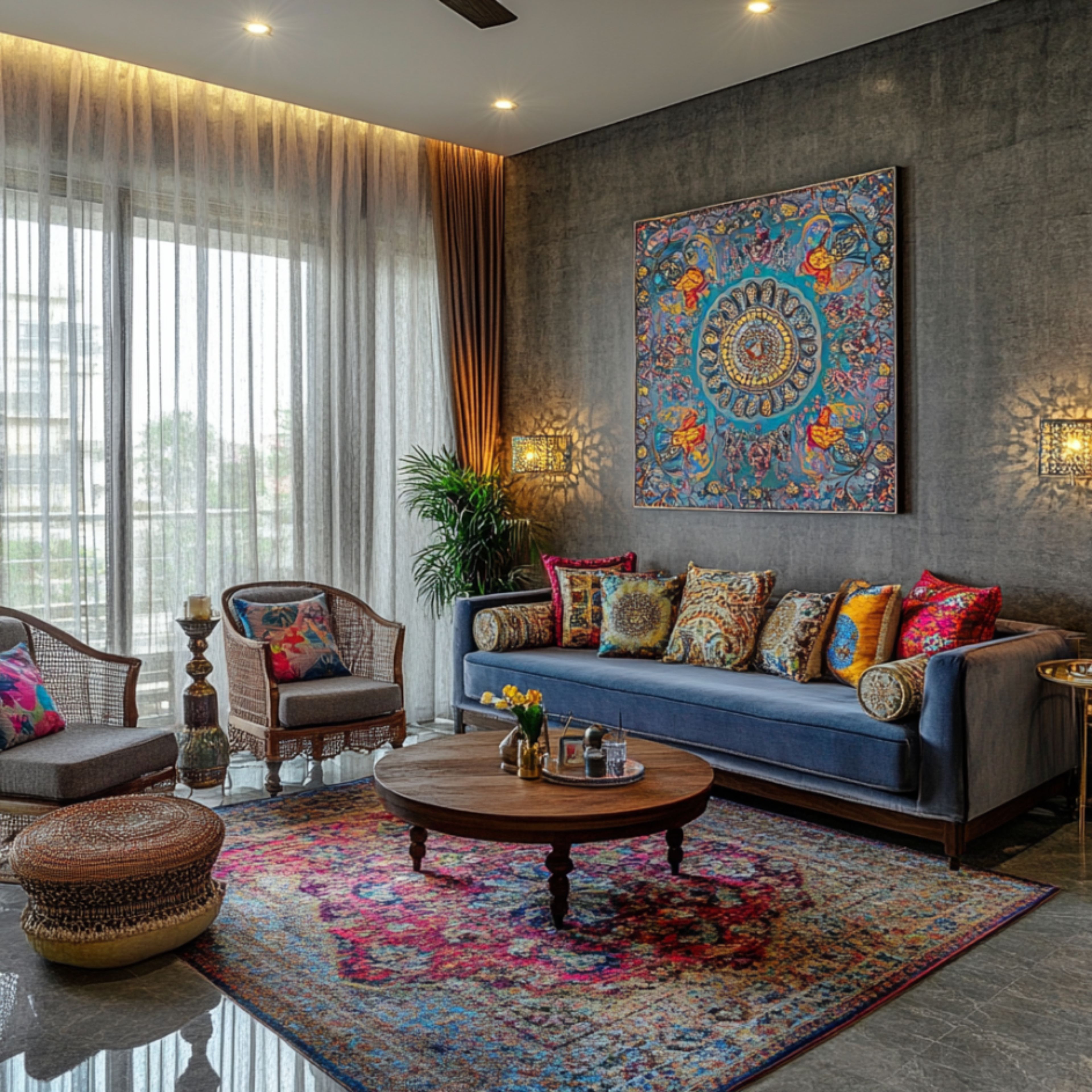 Bohemian Living Room Design With Velvet Sofa and Brick Walls