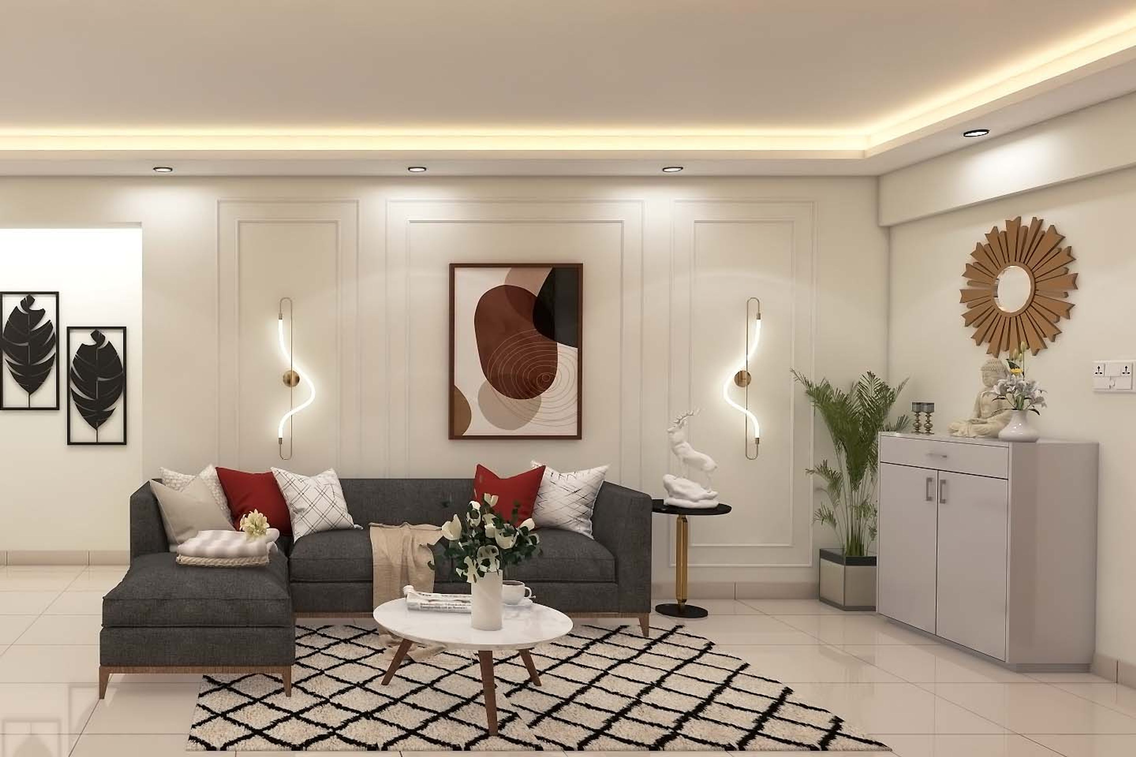 Contemporary Living Room Design With L-Shaped Grey Sofa