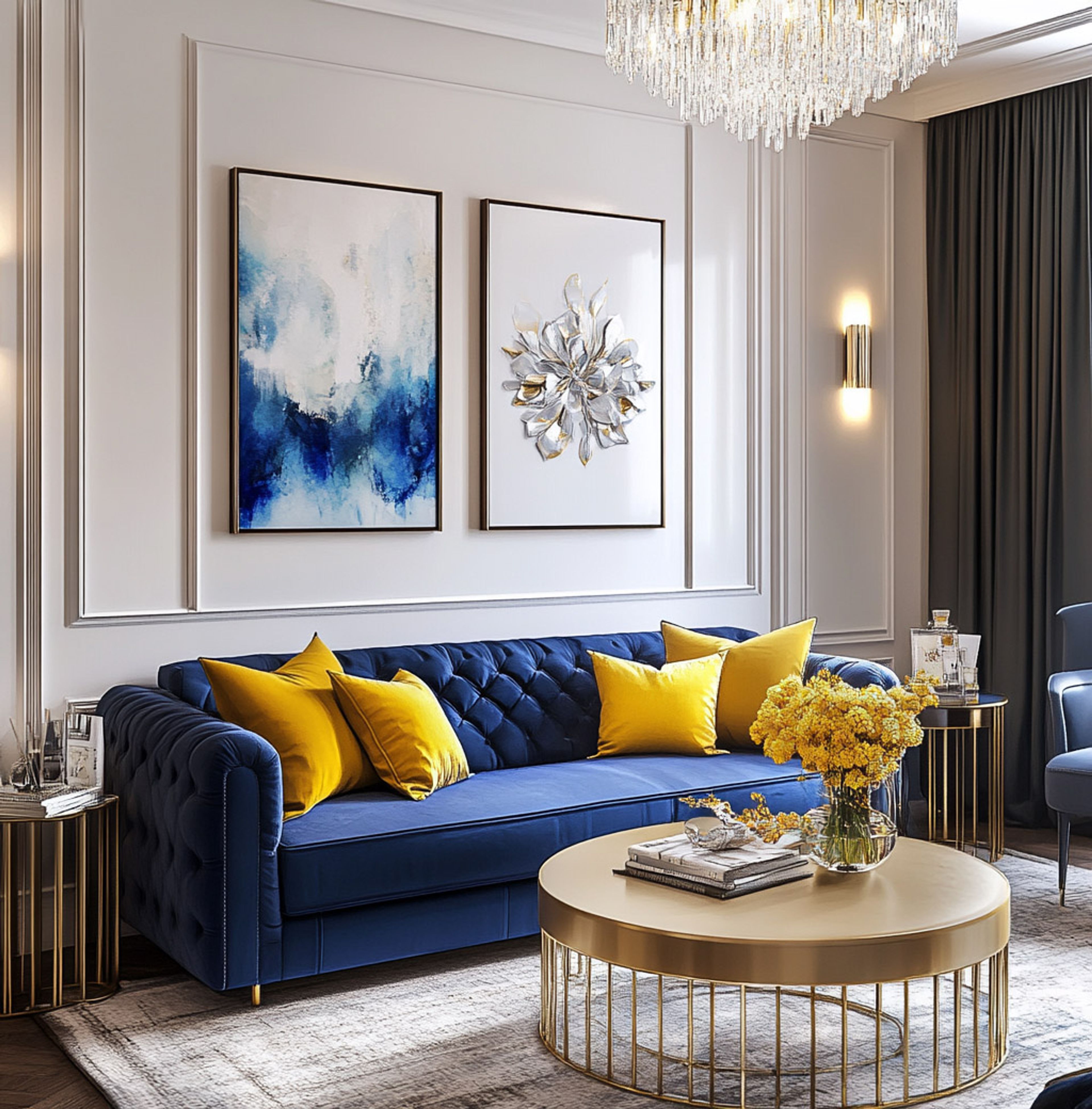 Modern Living Room Design with Navy Blue Velvet Sofa