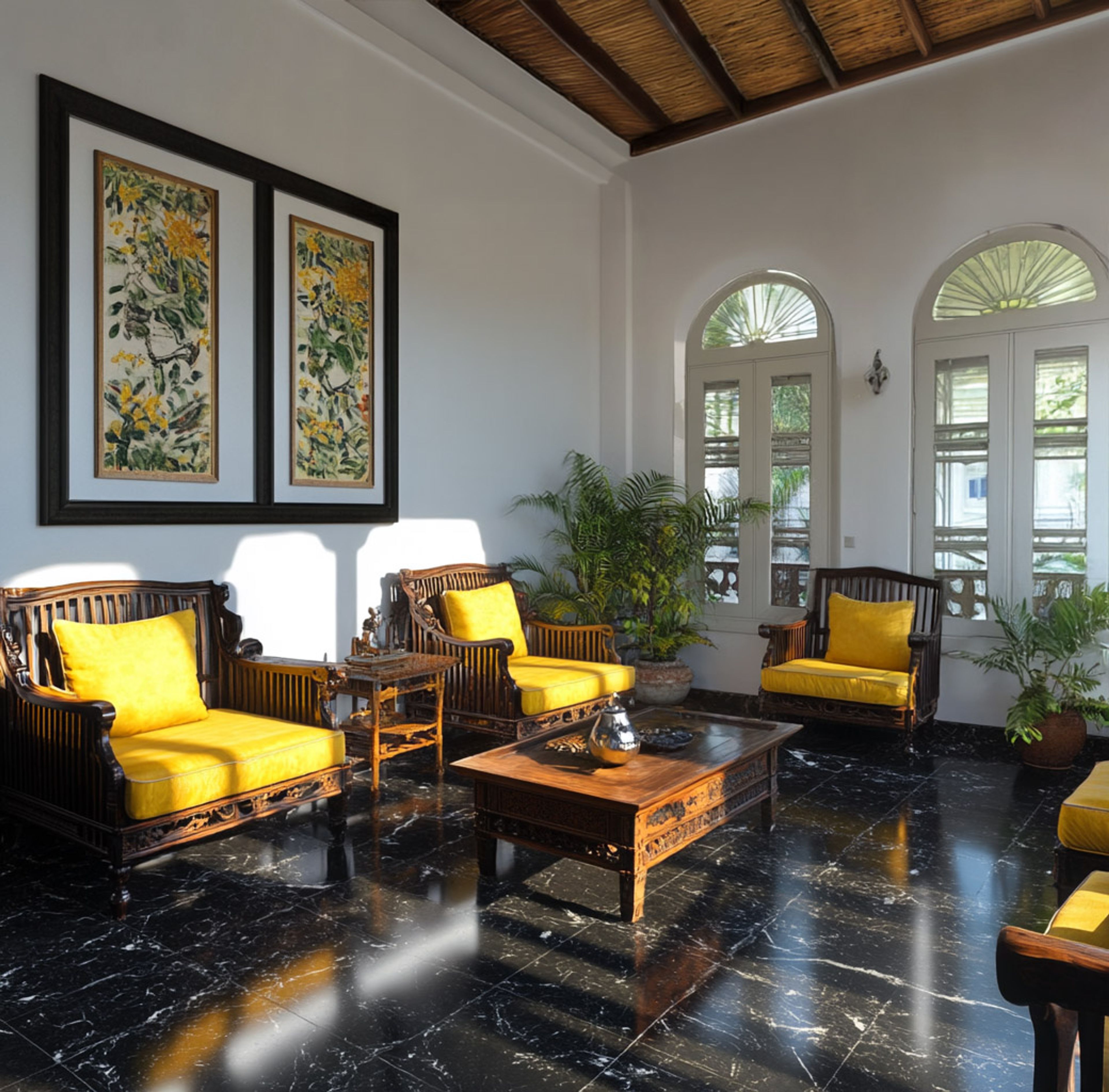 Indian Traditional Living Room Design with Dark Wood Armchairs and Yellow Cushions