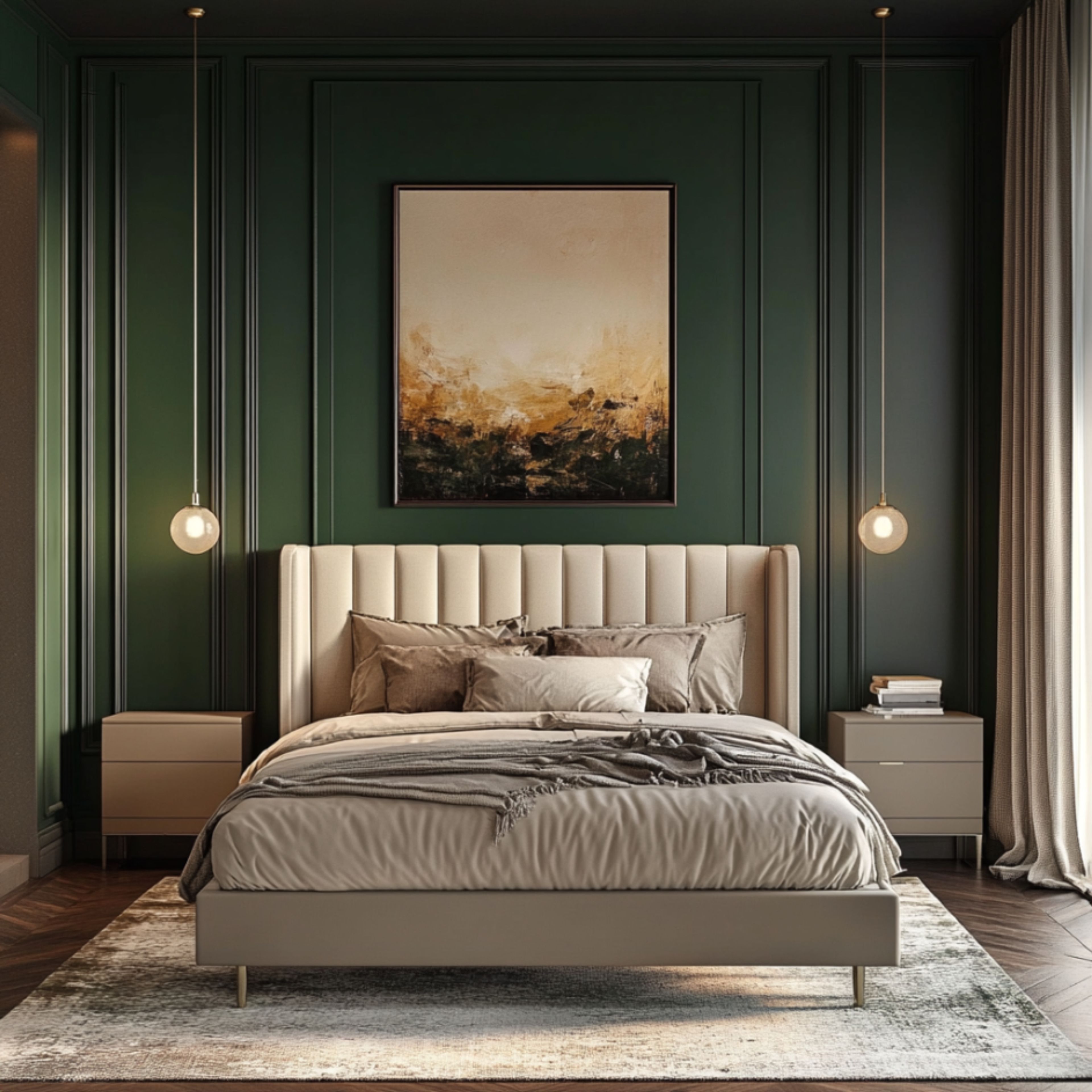 Master Bedroom Design With Deep Forest Green Accent Wall