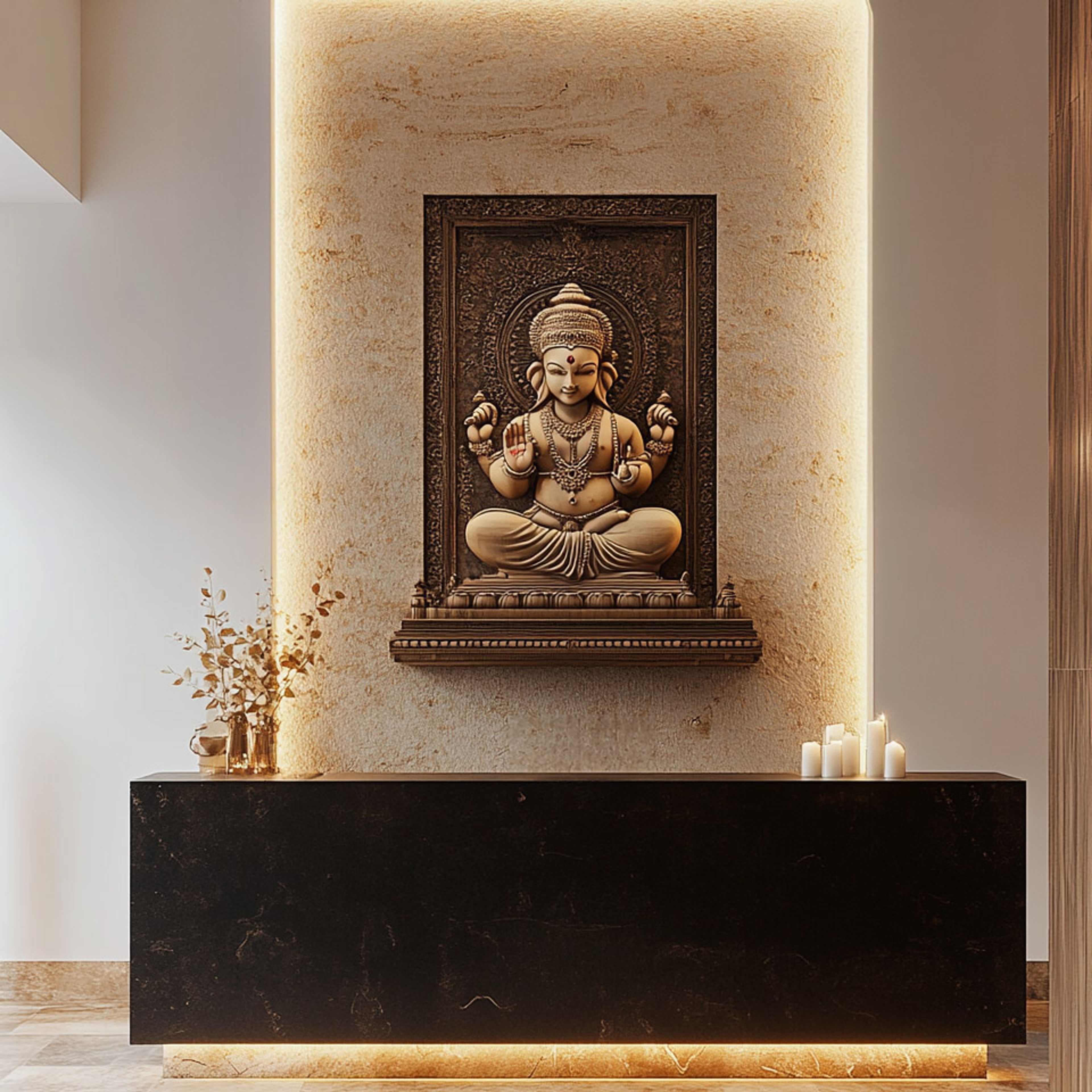Granite Minimal Pooja Unit Design With Hidden Storage and Candle Accents