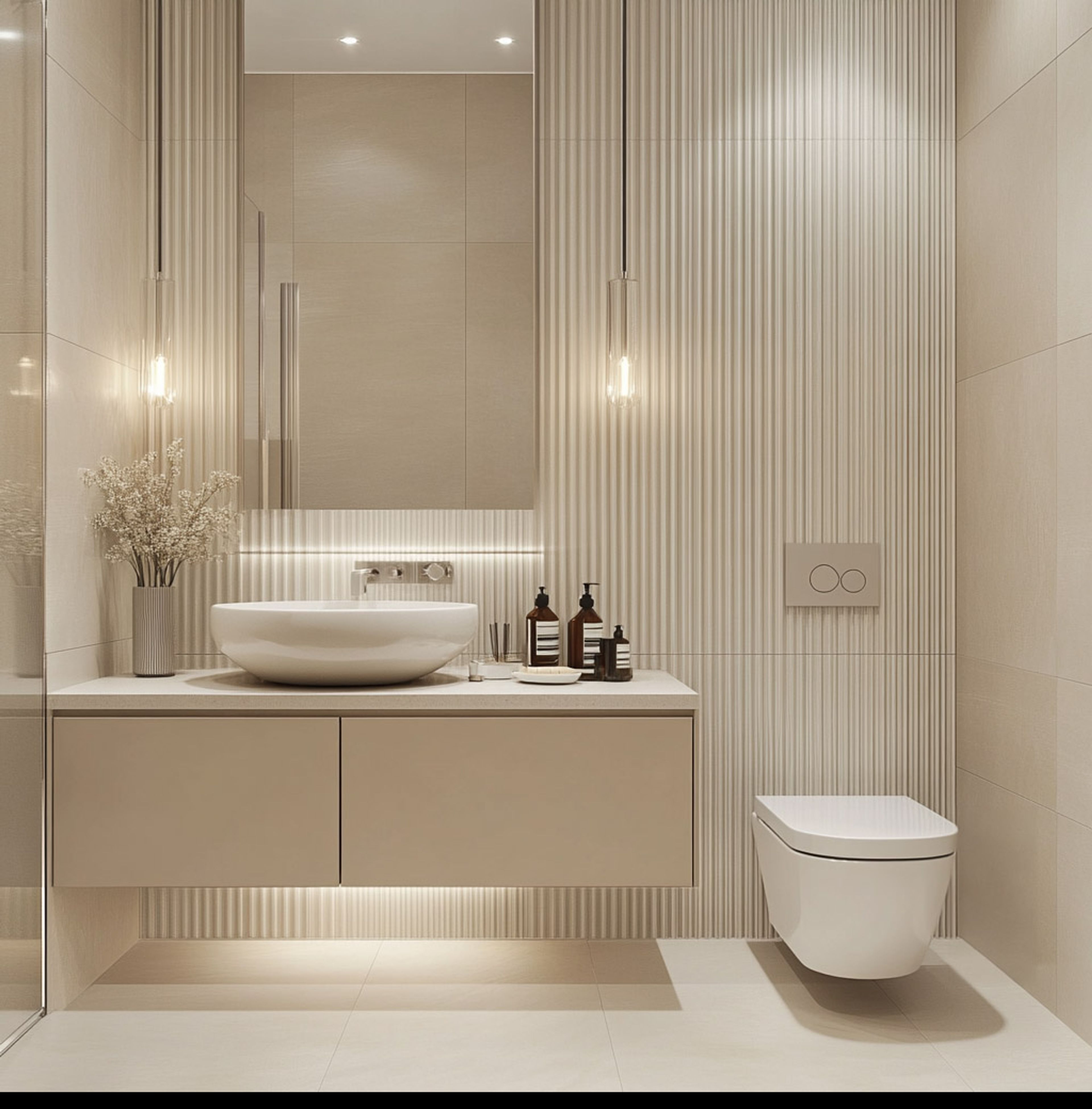 Minimal Bathroom Design with Ribbed Beige Wall and Quartz Vanity