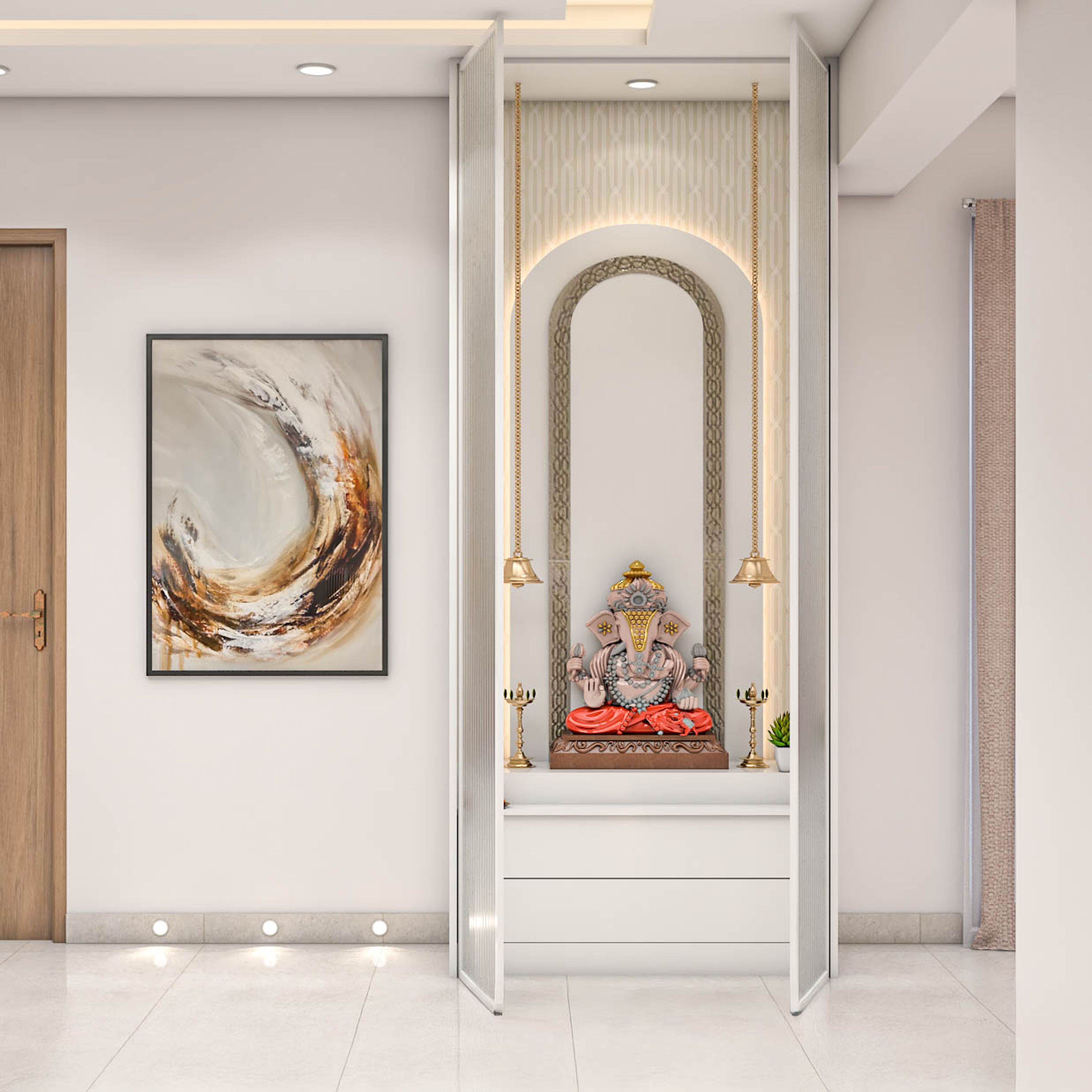 Contemporary Floor-Mounted Pooja Design Featuring Bells and Vertical Symmetry