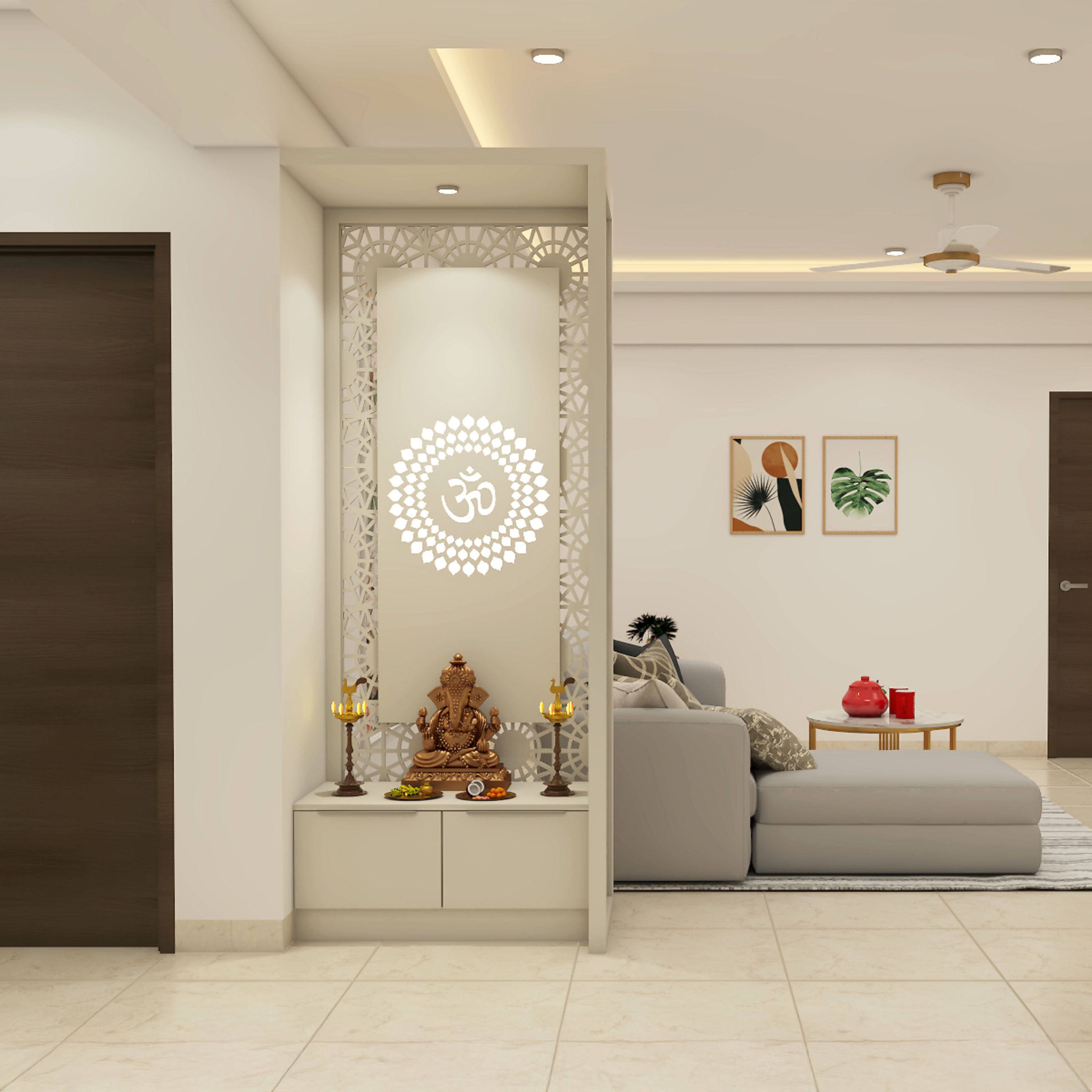 Contemporary Floor-Mounted Contemporary Pooja Design with Intricate Cutwork Panels