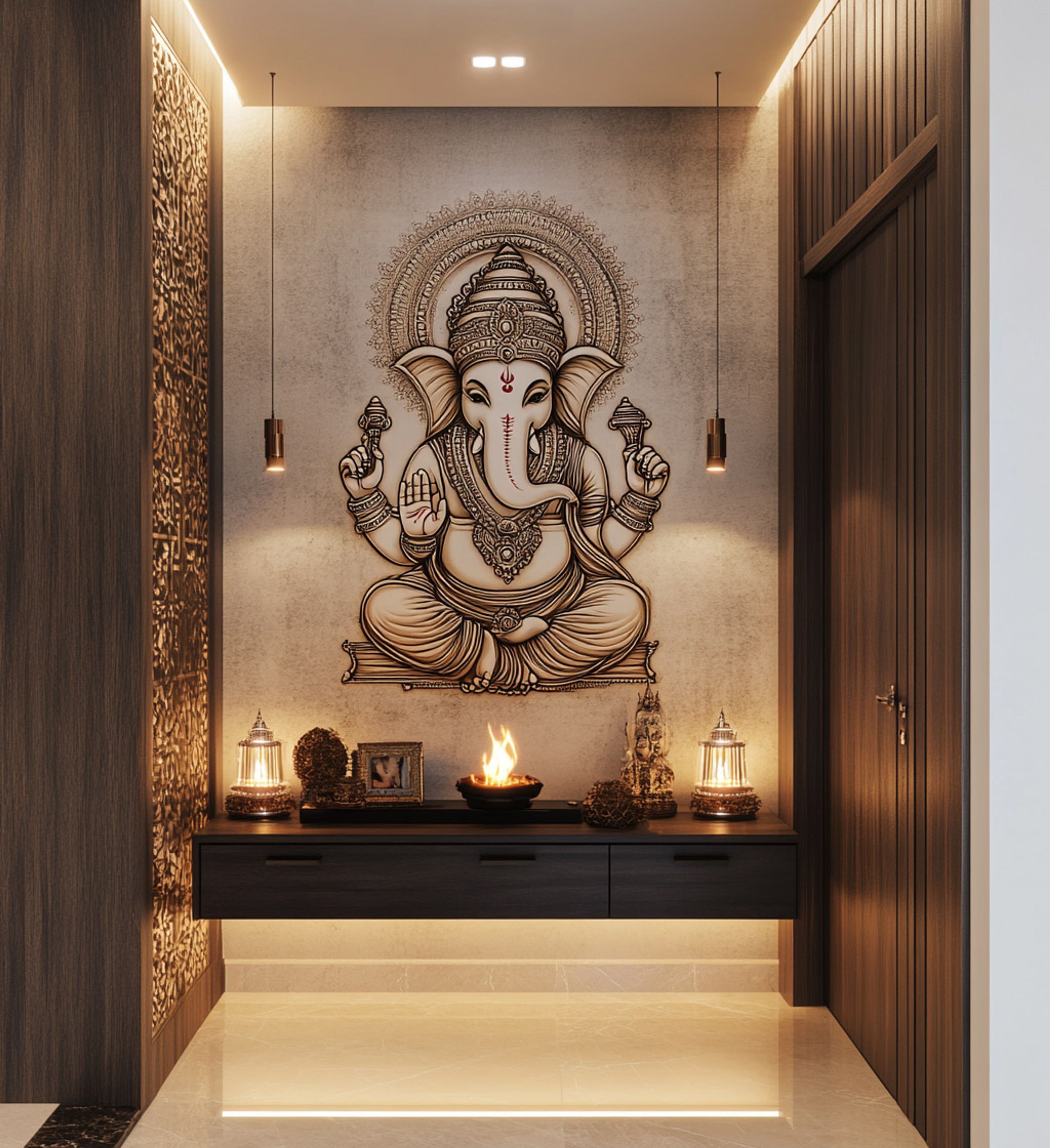 Modern Wall-Mounted Pooja Unit Design with Ganesha Mural