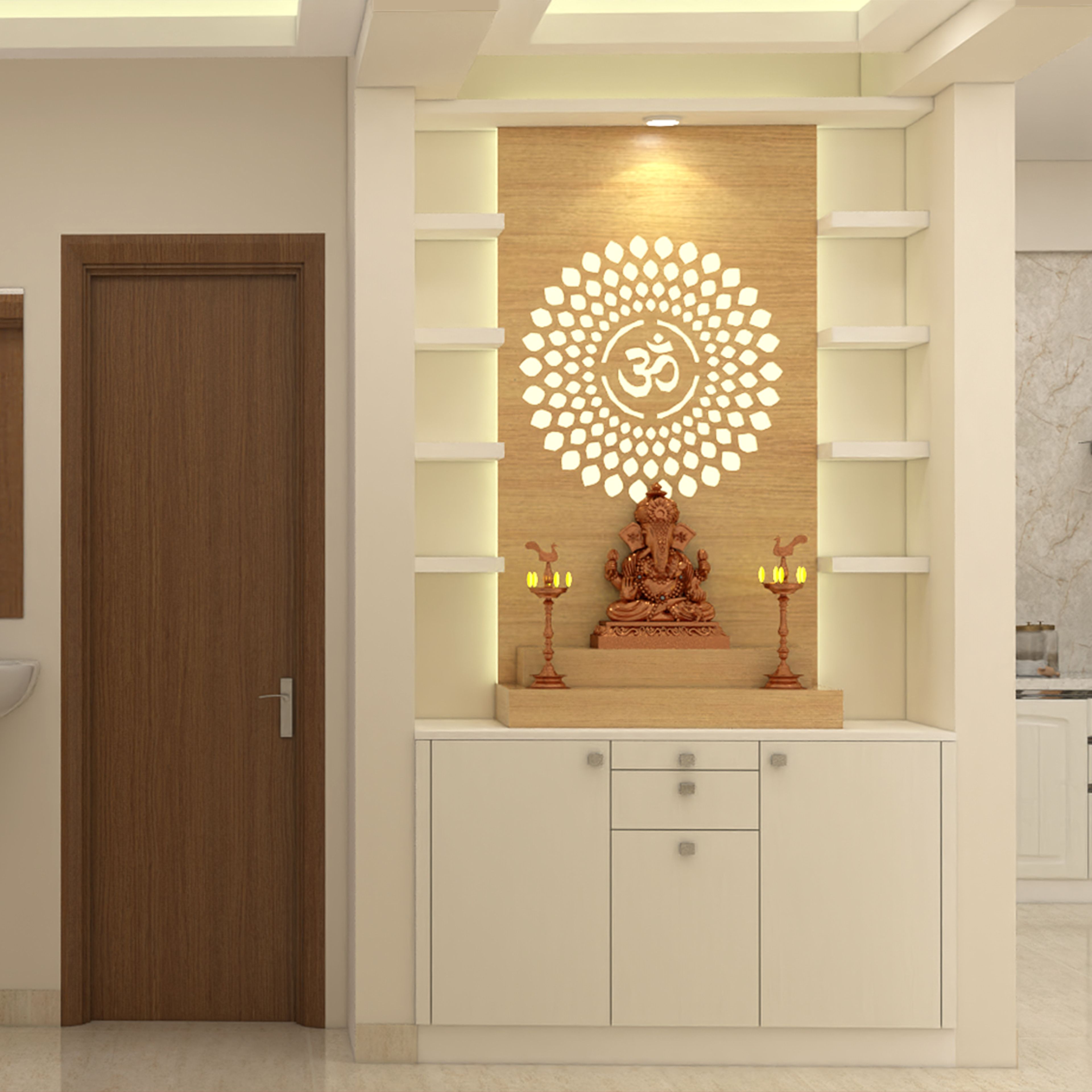 Contemporary Floor-Mounted Pooja Unit Design in White and Walnut Finish