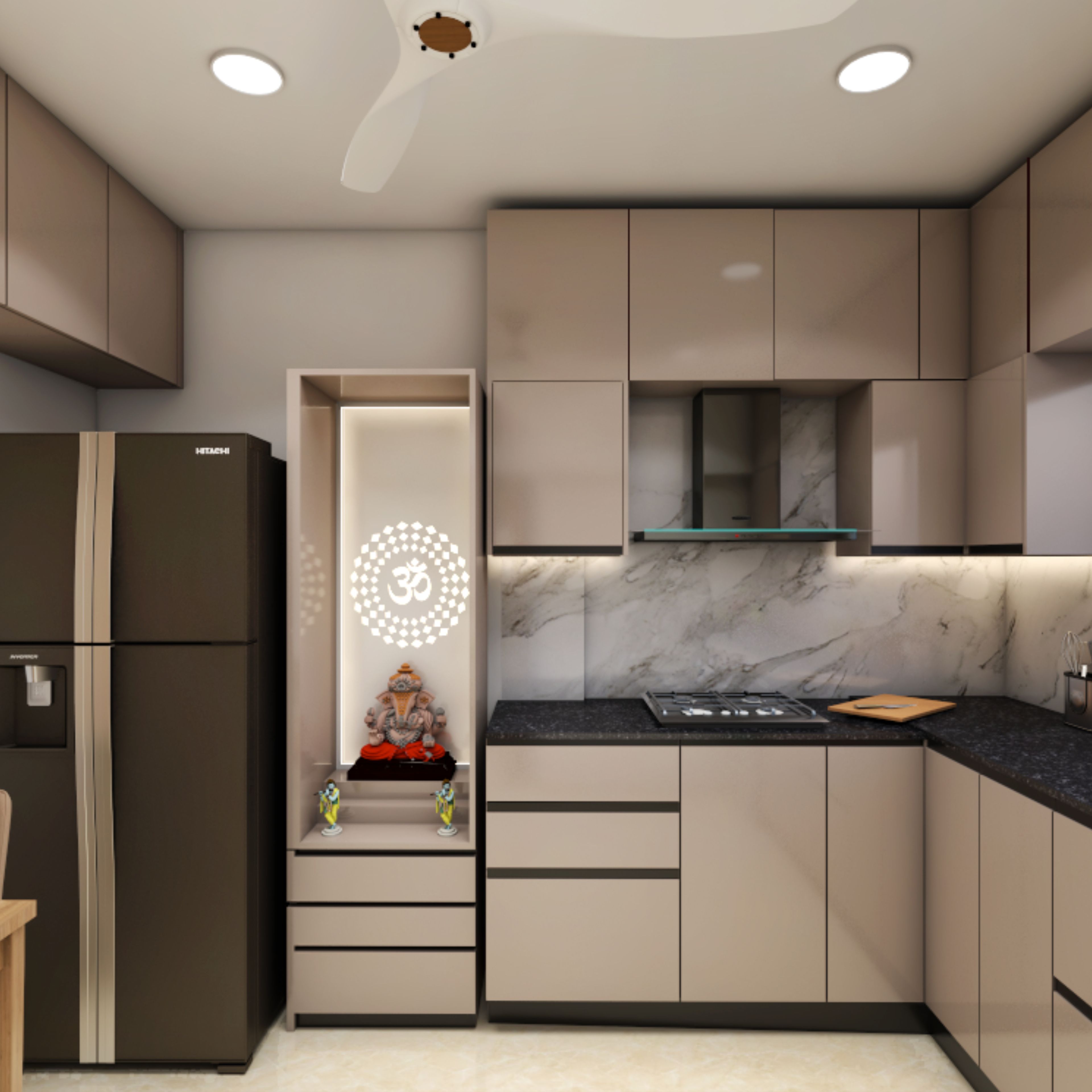 Compact Modern Pooja Unit Design in Grey With Om Light