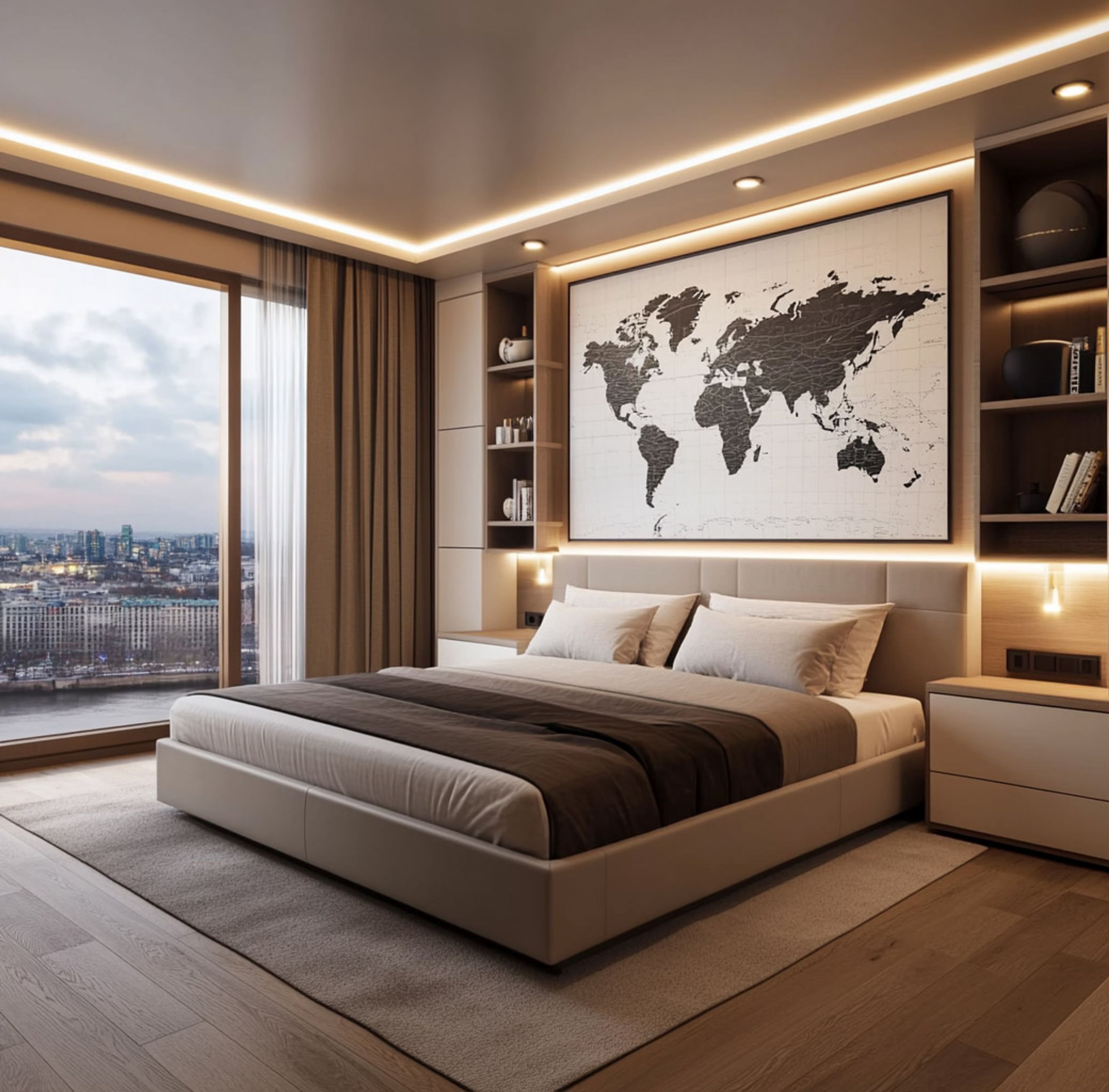 Built-In Bookshelves Frame the Bed in Spacious Kids’ Room