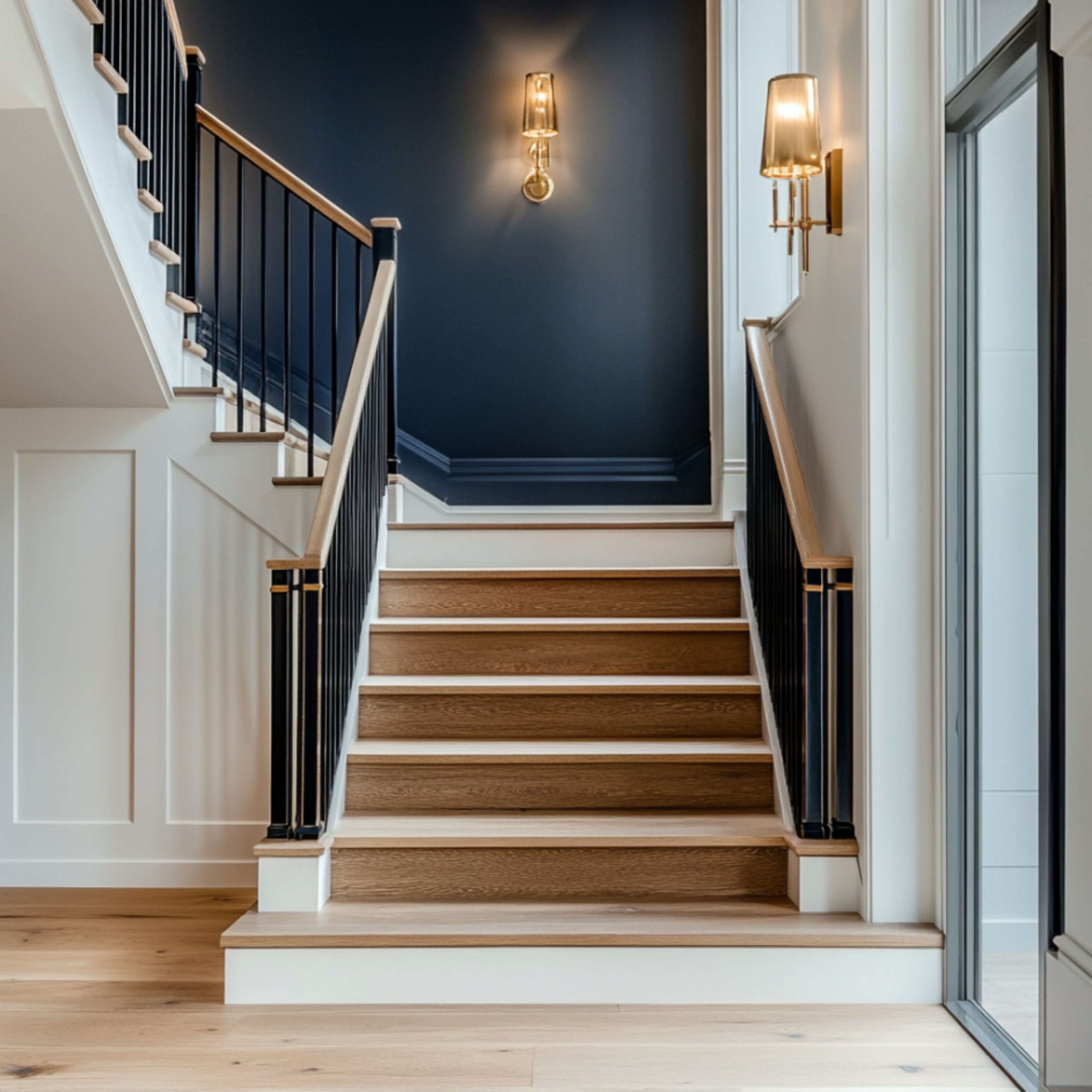 Classic L-Shaped Staircase Design with Ornate Metal and Wooden Steps