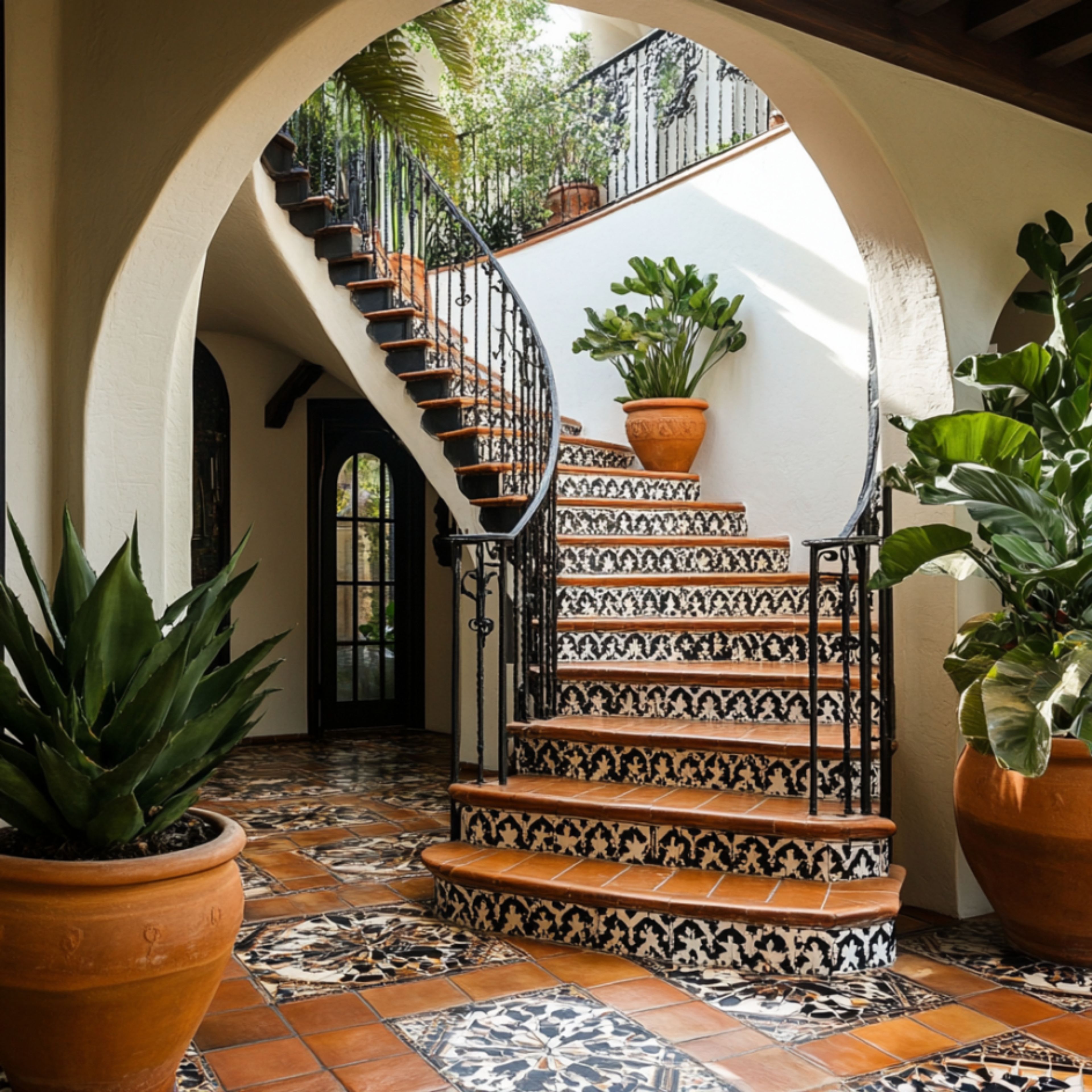 Curved Mediterranean Staircase Design with Metal Rails and Tile Finishes