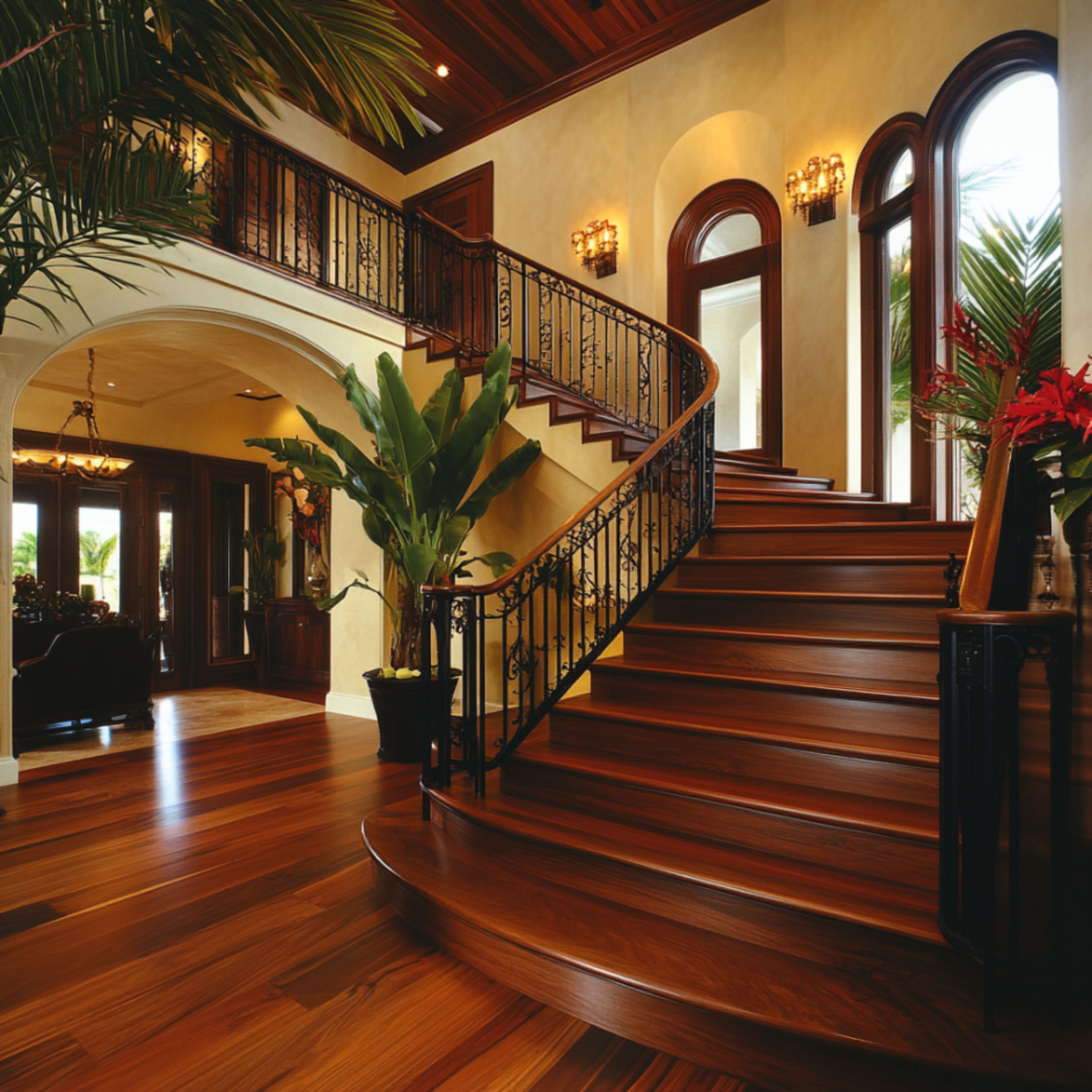 Classic L-Shaped Staircase Design in Warm Wood and Matte Metal