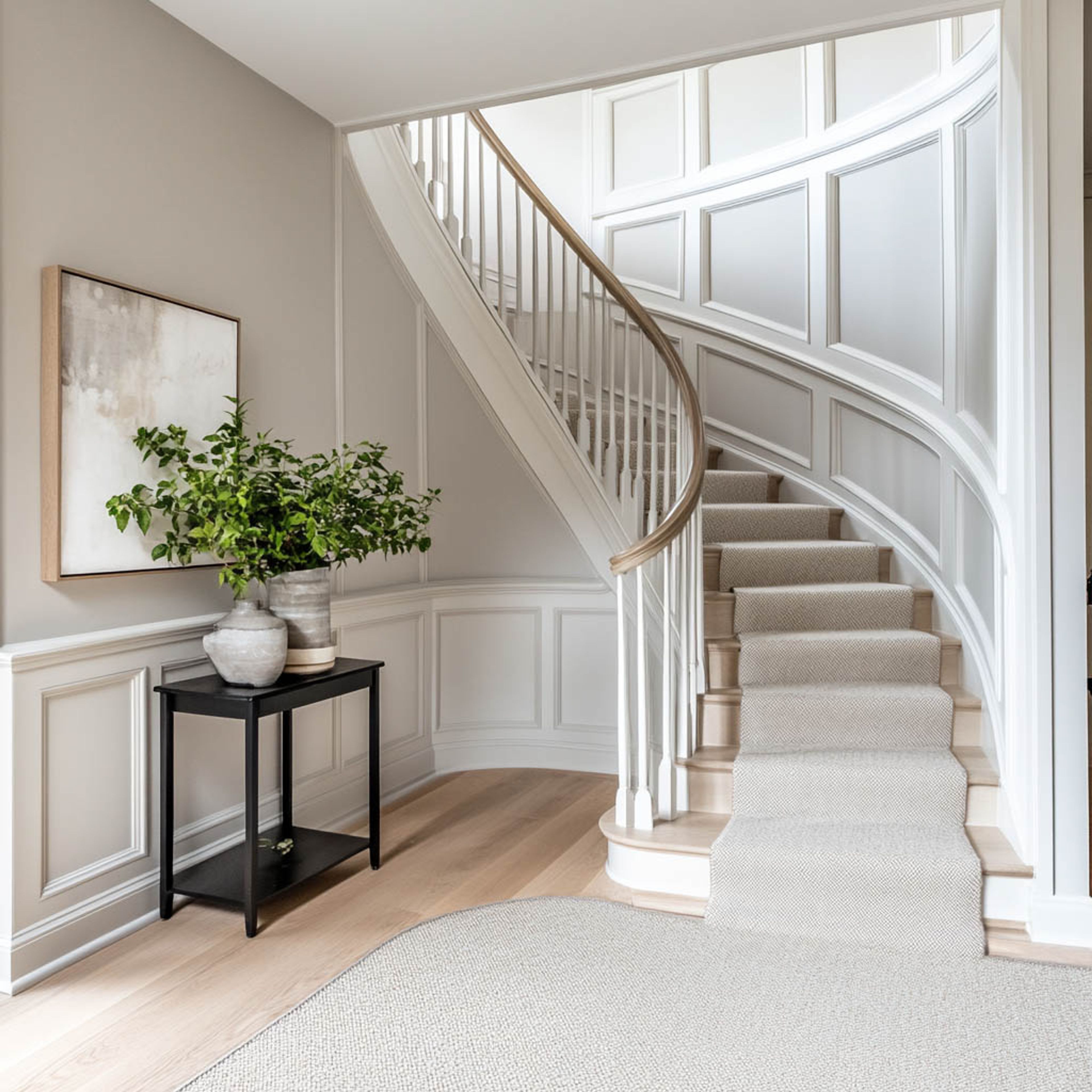 Curved Staircase Design With Light Hardwood and White Details