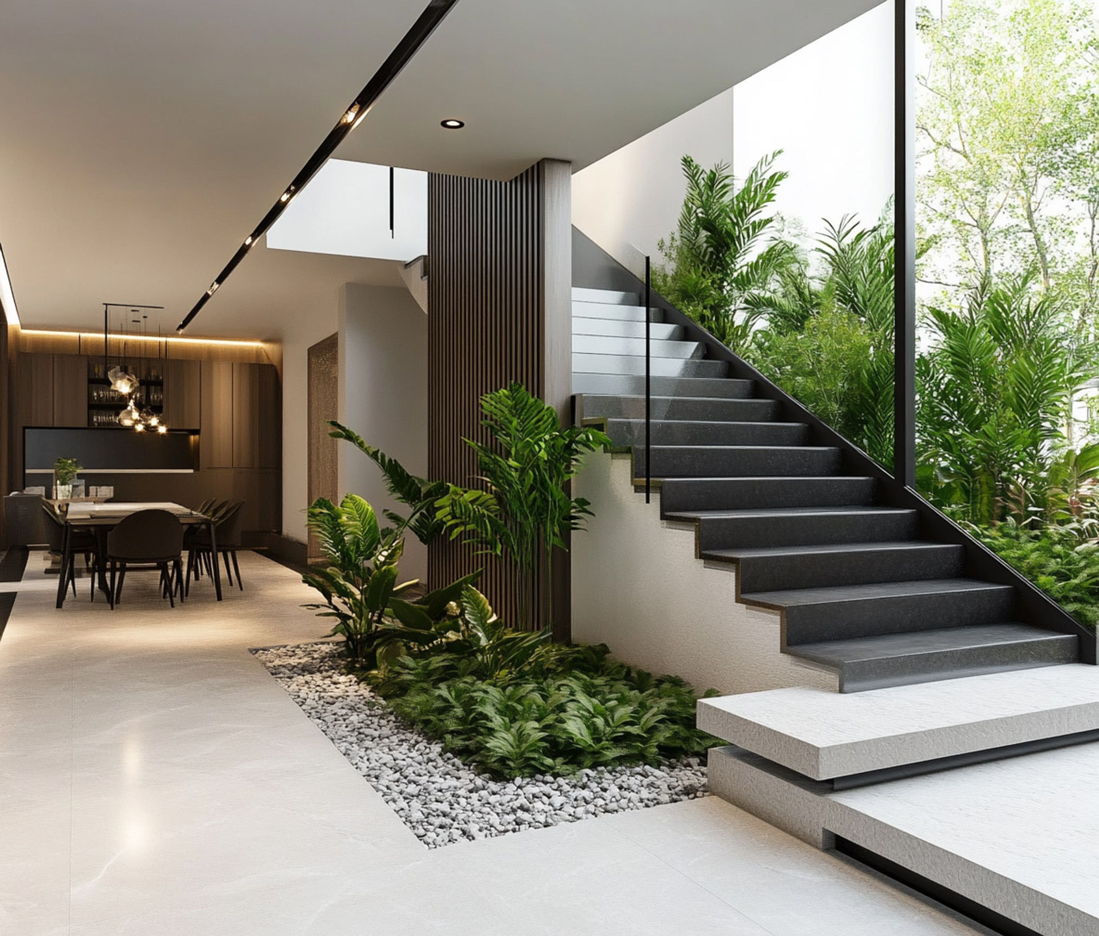 Modern Straight Staircase Design with Granite Steps and Glass Railing