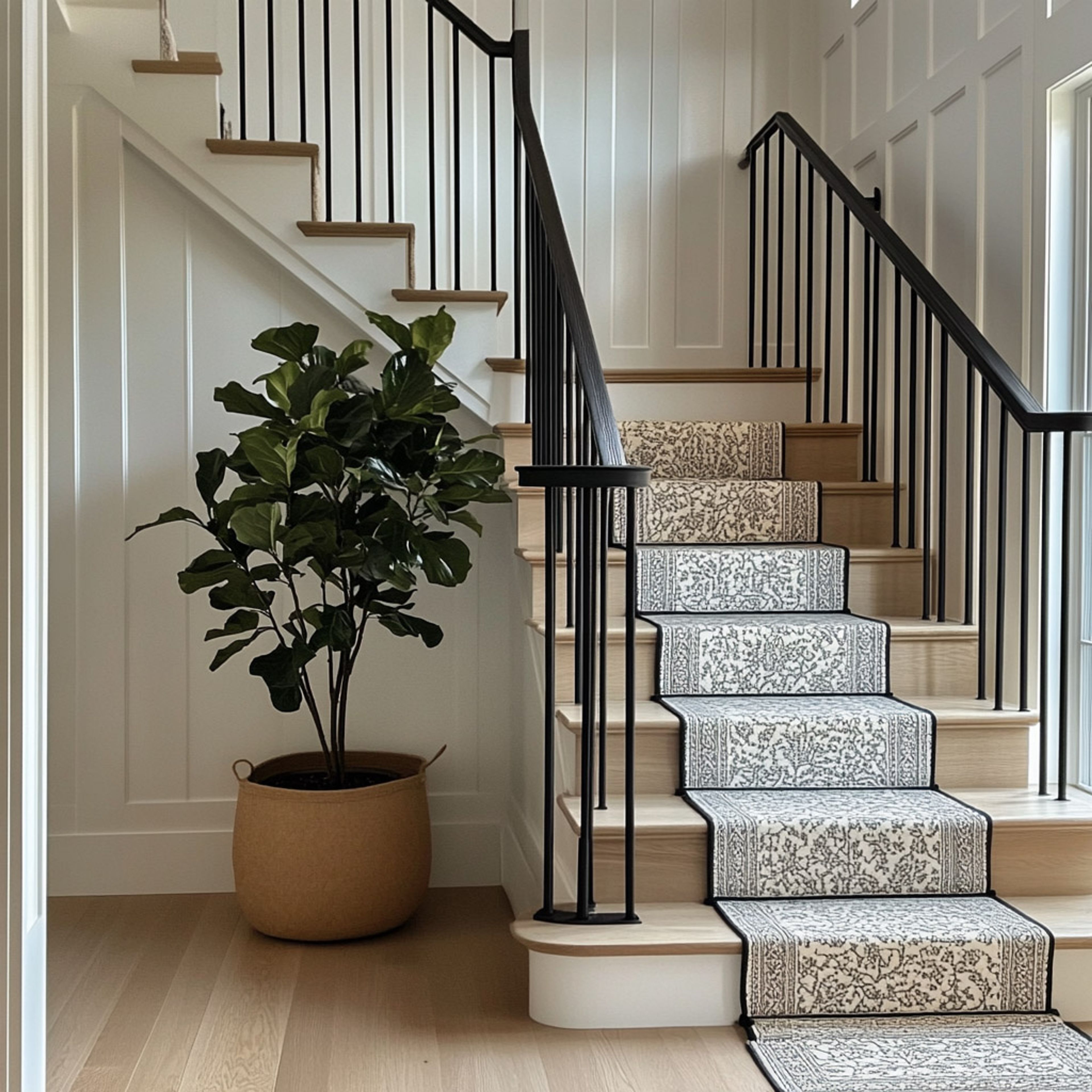 Classic L-Shaped Staircase Design with Wooden Treads and Metal Handrails
