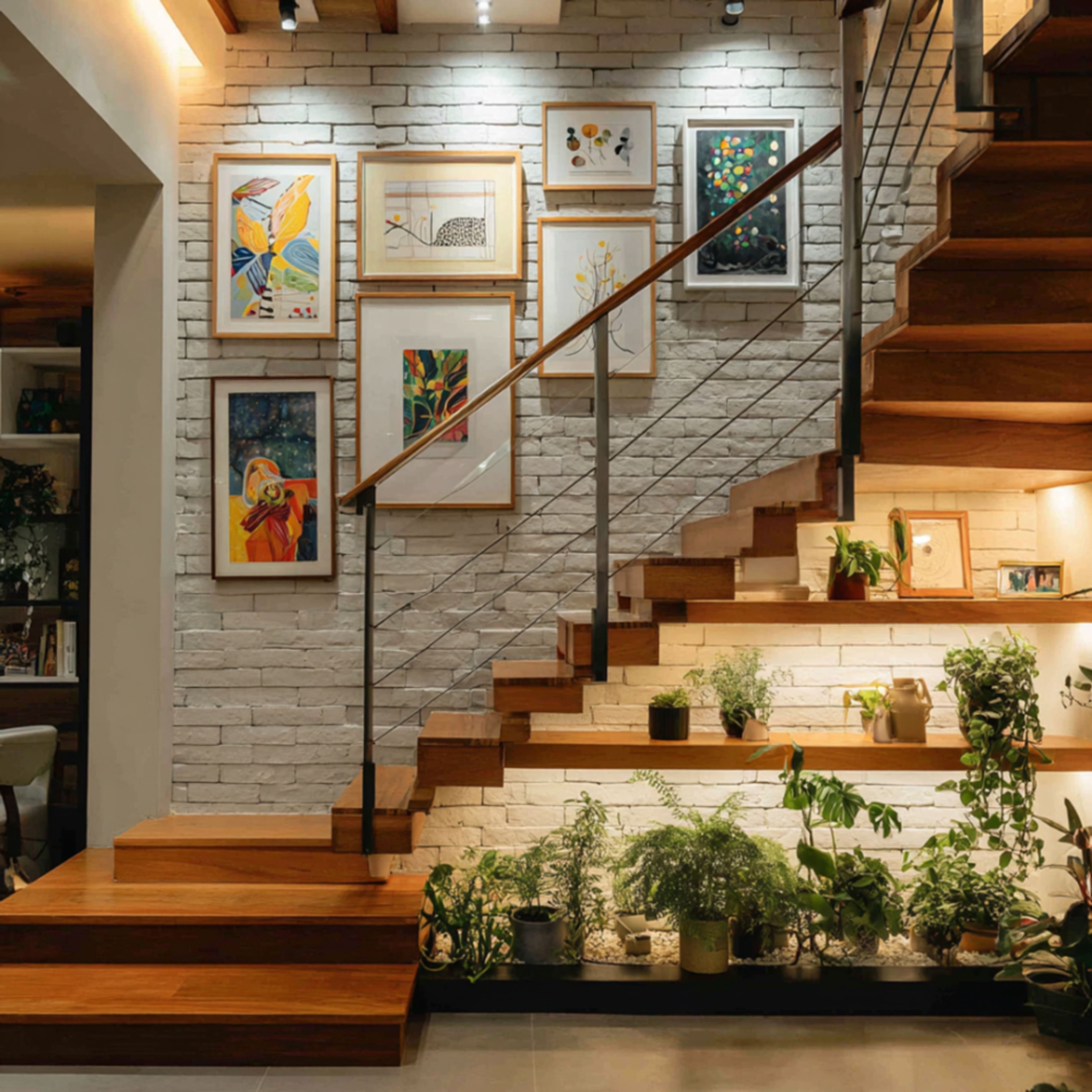 Contemporary Wooden Staircase Design with Space-Saving L-Shape