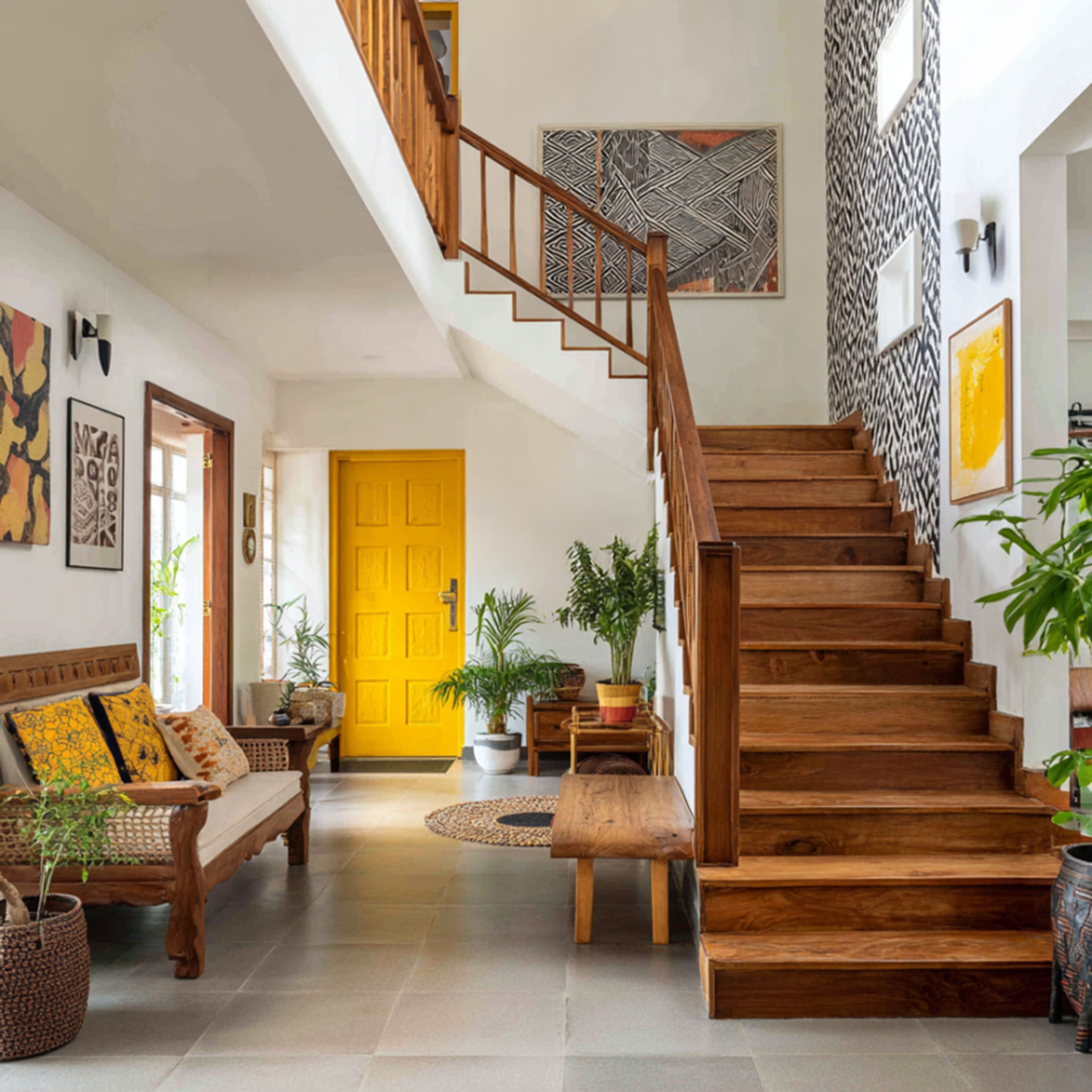 Traditional Wood Staircase Design with Functional L-Shaped Layout