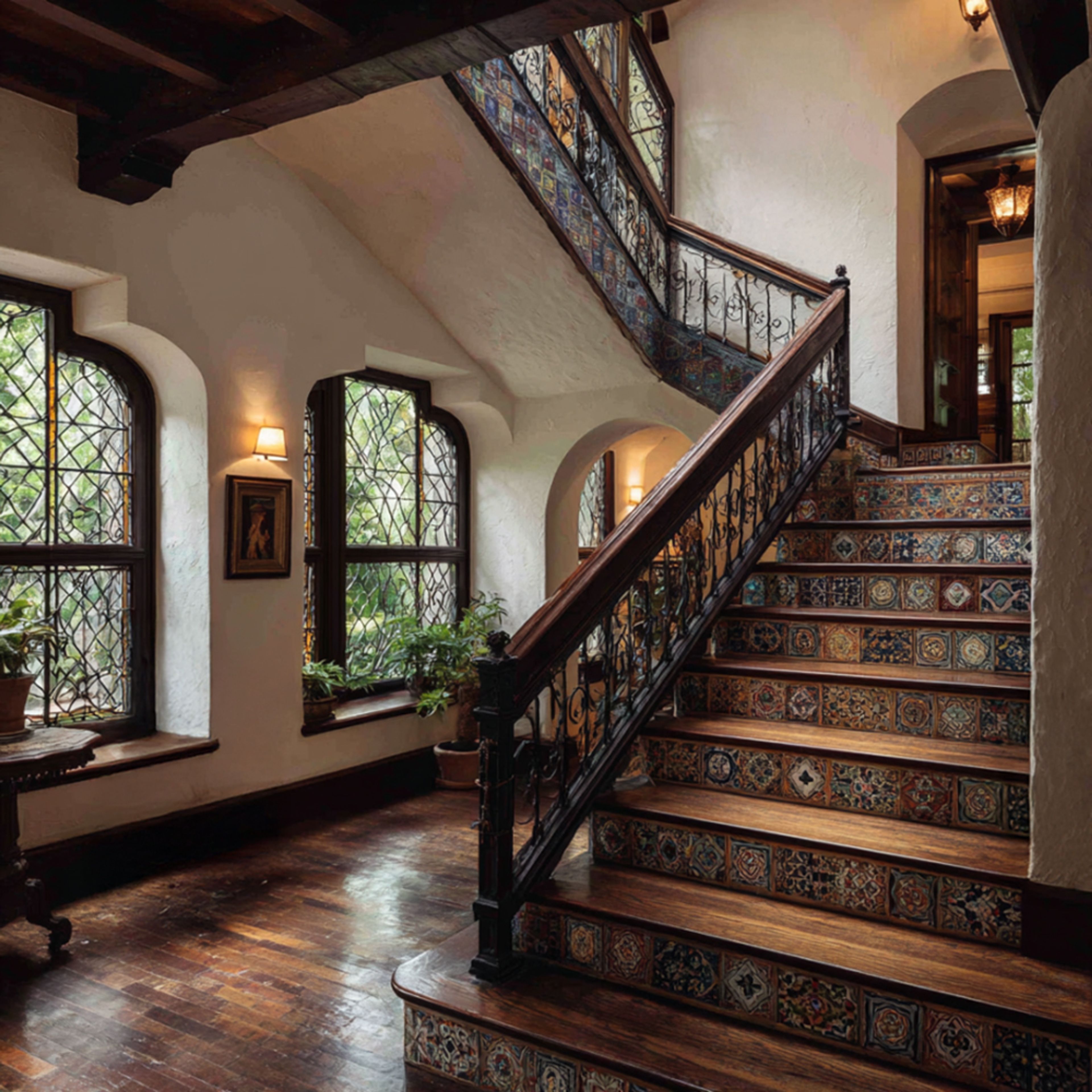 Traditional L-Shaped Staircase Design with Elegant Wood and Tile Finish