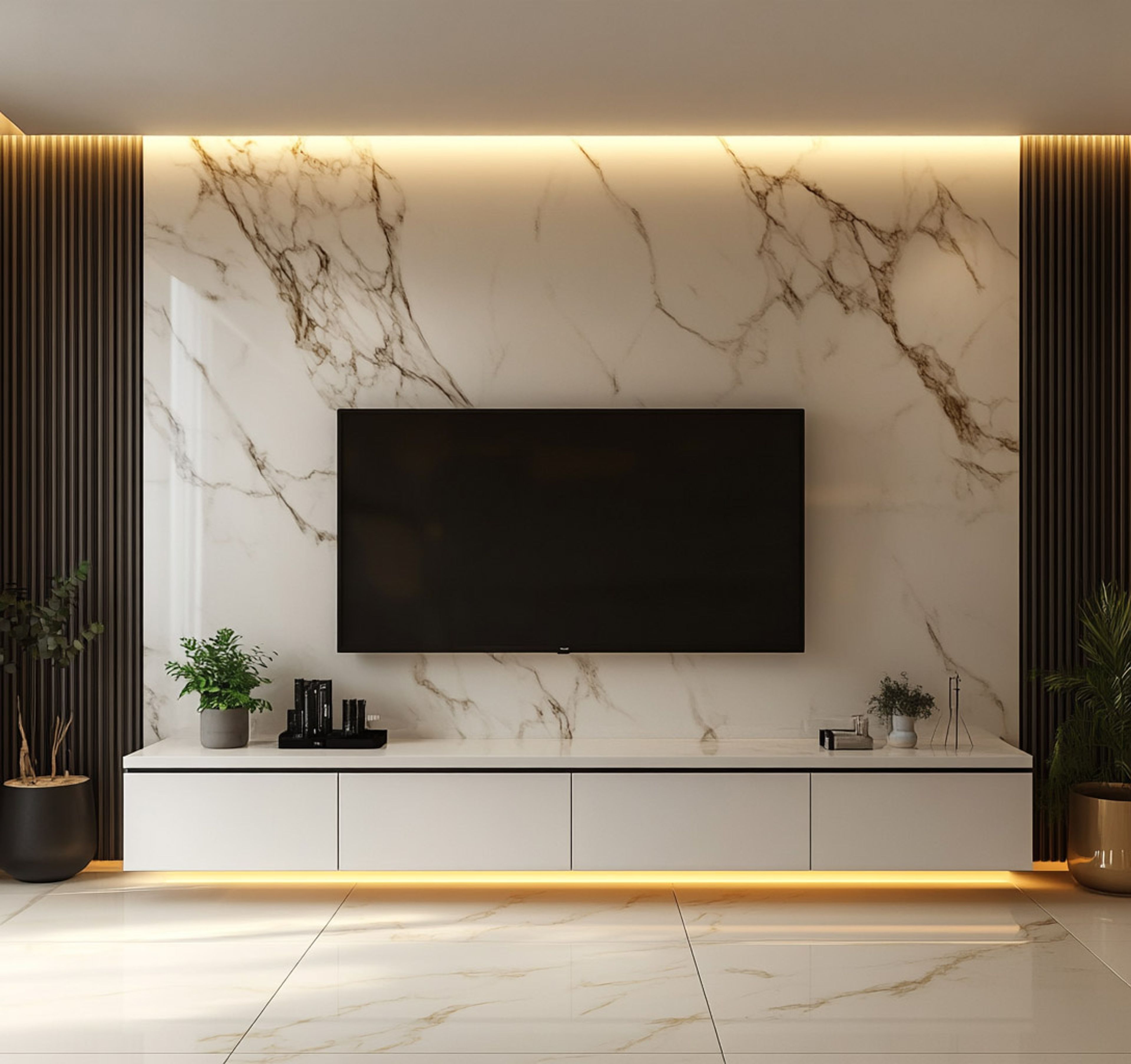 Off-White Contemporary TV Unit Design With Marble Top and Hidden Storage