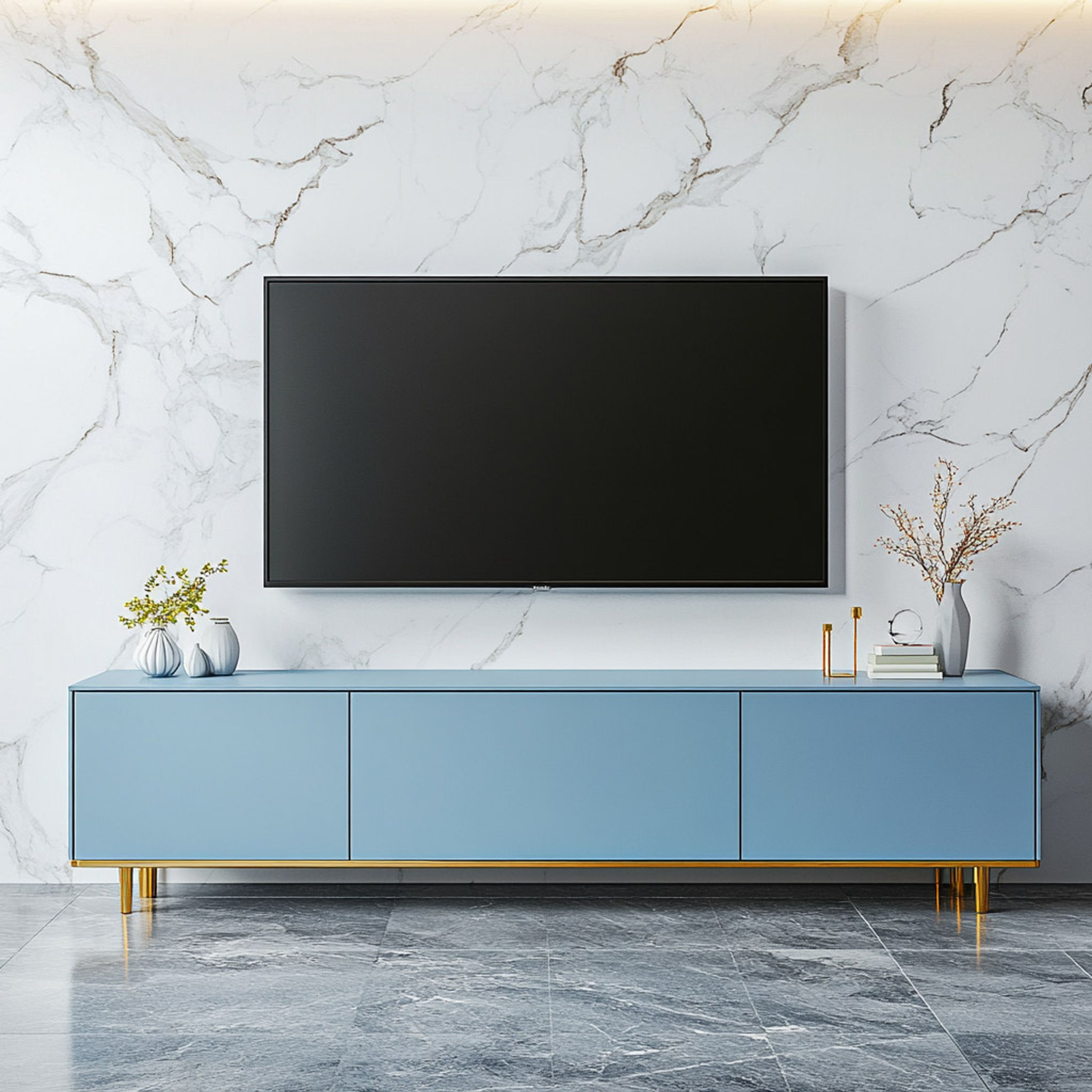 Modern Blue TV Unit Design With Gold Accents and Marble Backdrop