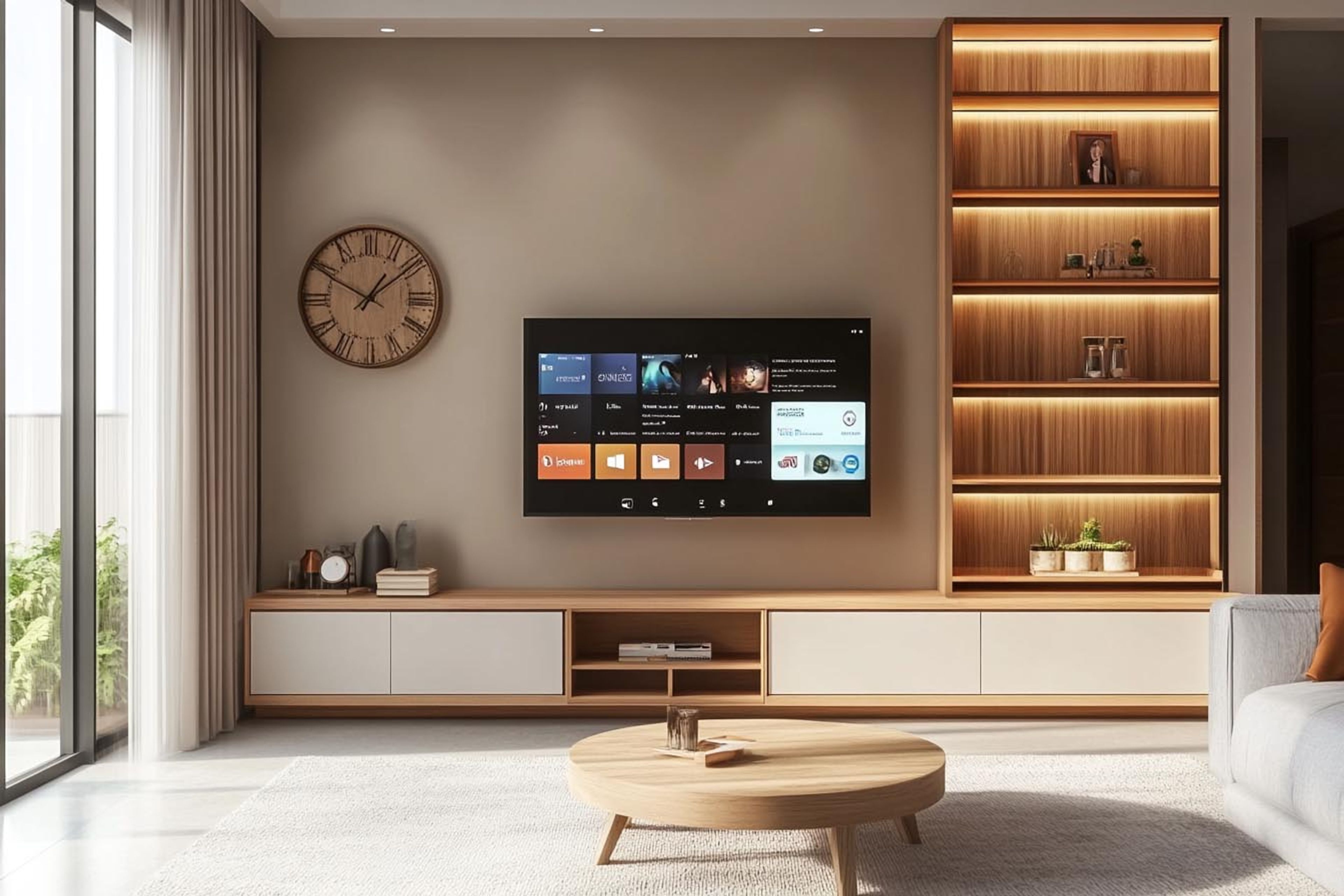 Wall-to-Wall Modern TV Unit Design with Vertical Shelving